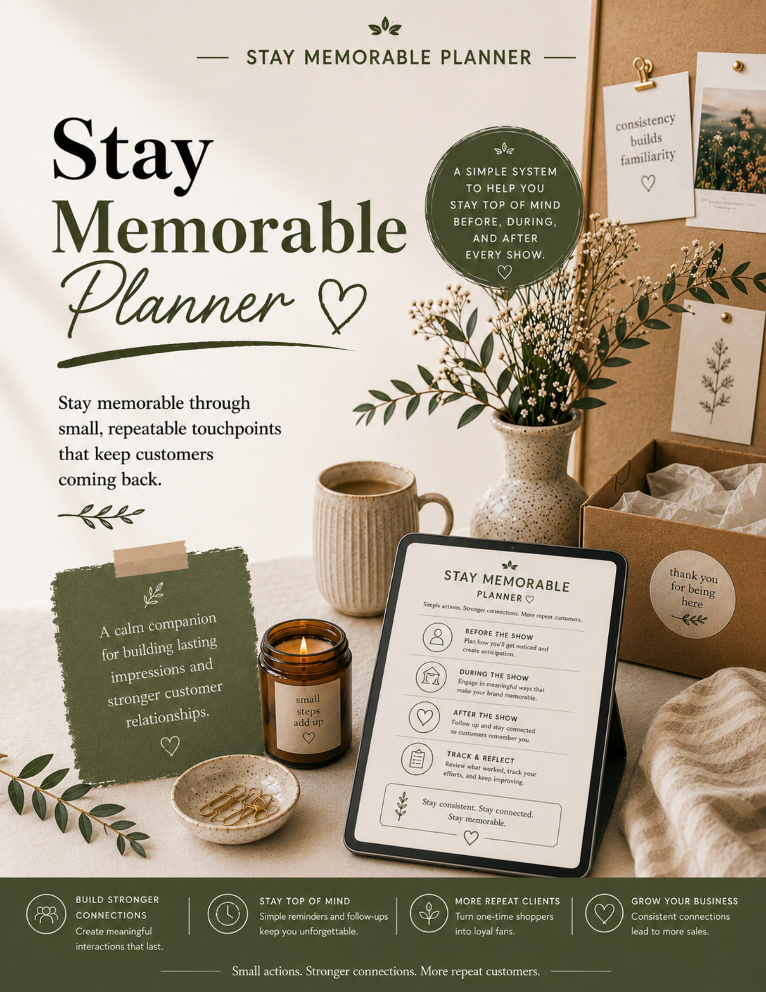 A printed planner titled 'Stay Memorable Planner' with decorative plants and a candle on a beige surface, and a cork board with notes and photos in the background.