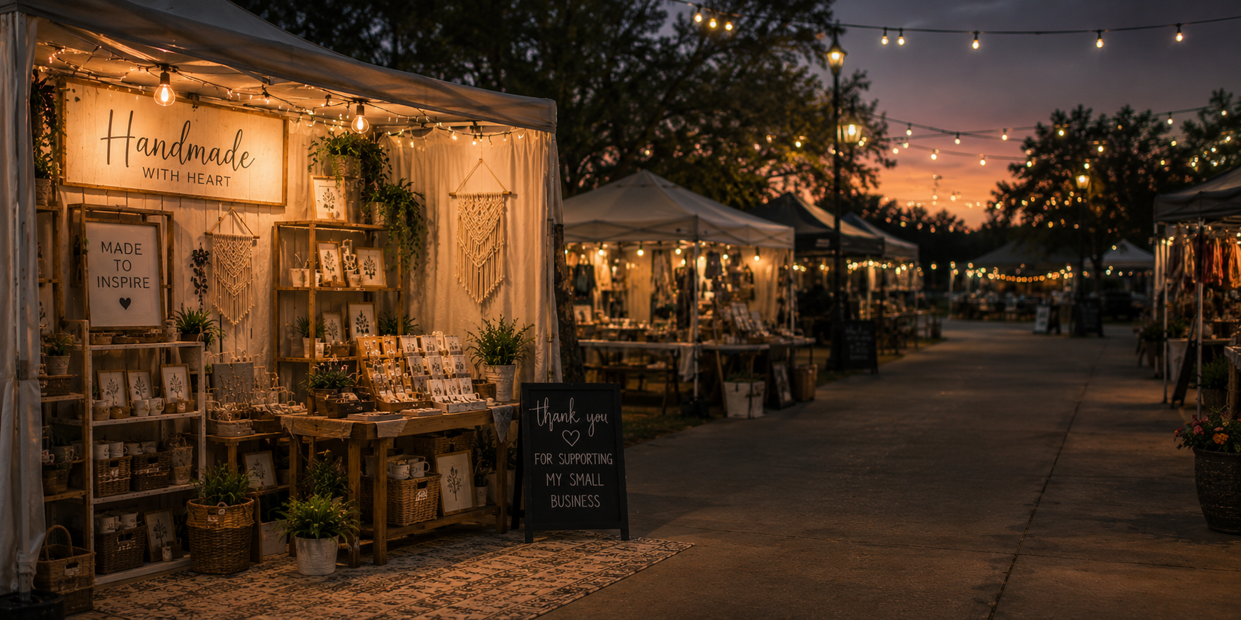 Quiet evening craft market with warmly lit booths and open walkways, encouraging vendors to reflect on how shoppers experience their booth.