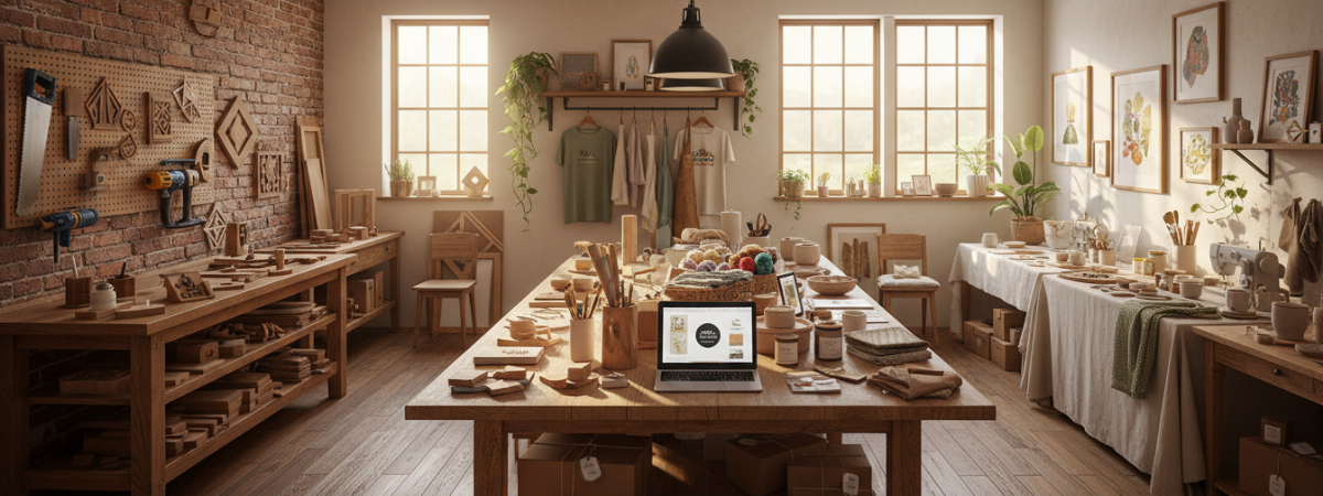 Warm handcrafted maker workshop and creative marketplace featuring woodworking tools, handmade products, apparel, art prints, pottery, and small business maker goods displayed in an inviting studio environment.