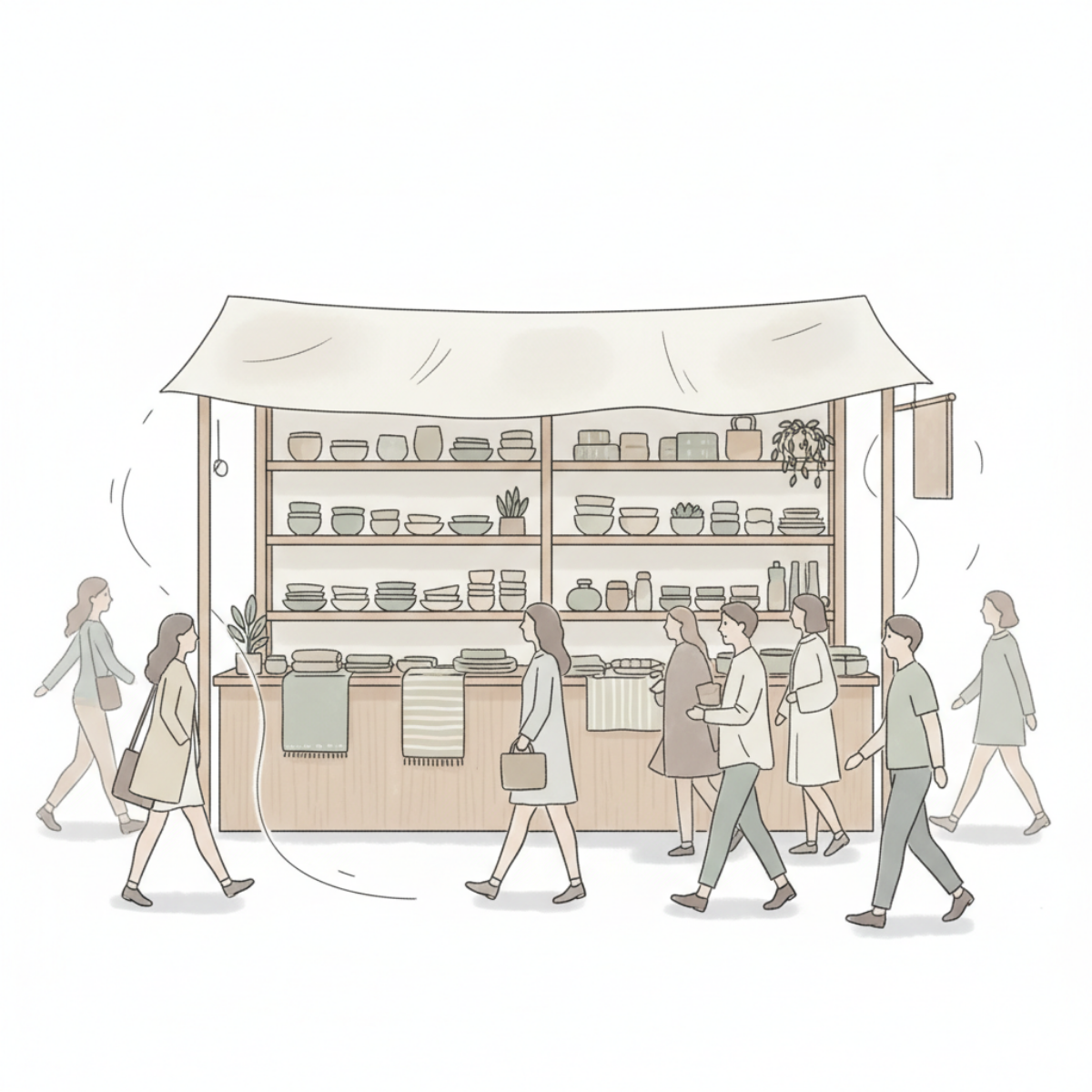 Shoppers passing by a craft booth display without stopping or engaging with items