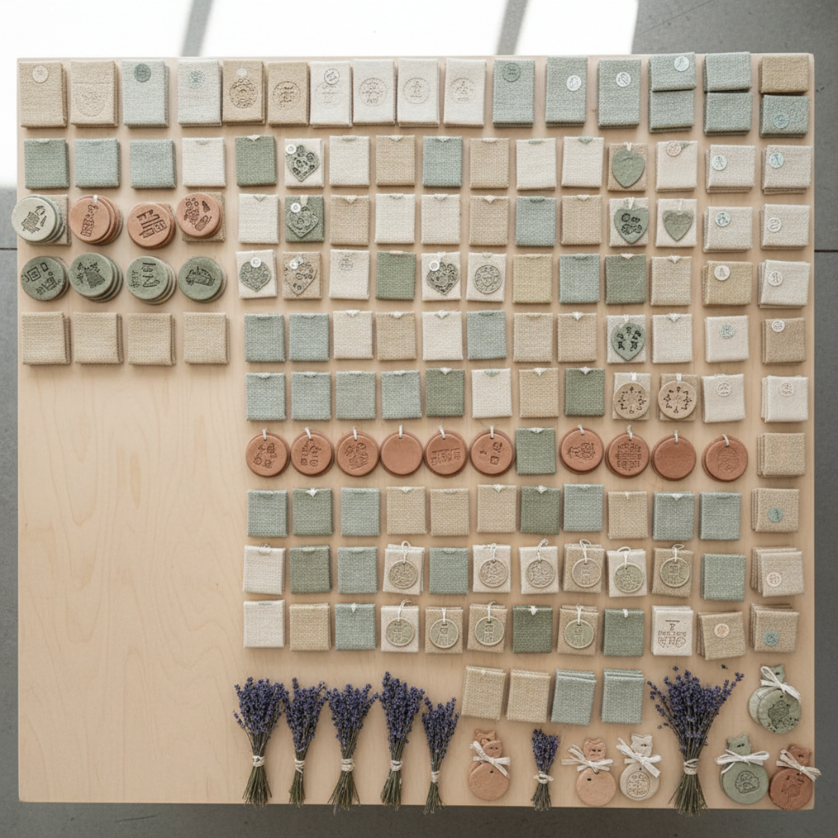 Large craft display board filled with many small handmade products arranged evenly across the surface without a dominant focal point or clear visual hierarchy.