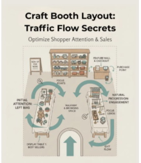 Illustrated craft booth layout diagram showing shopper traffic flow, focal points, display table positioning, and customer movement strategies designed to improve booth engagement, browsing behavior, and craft show sales.