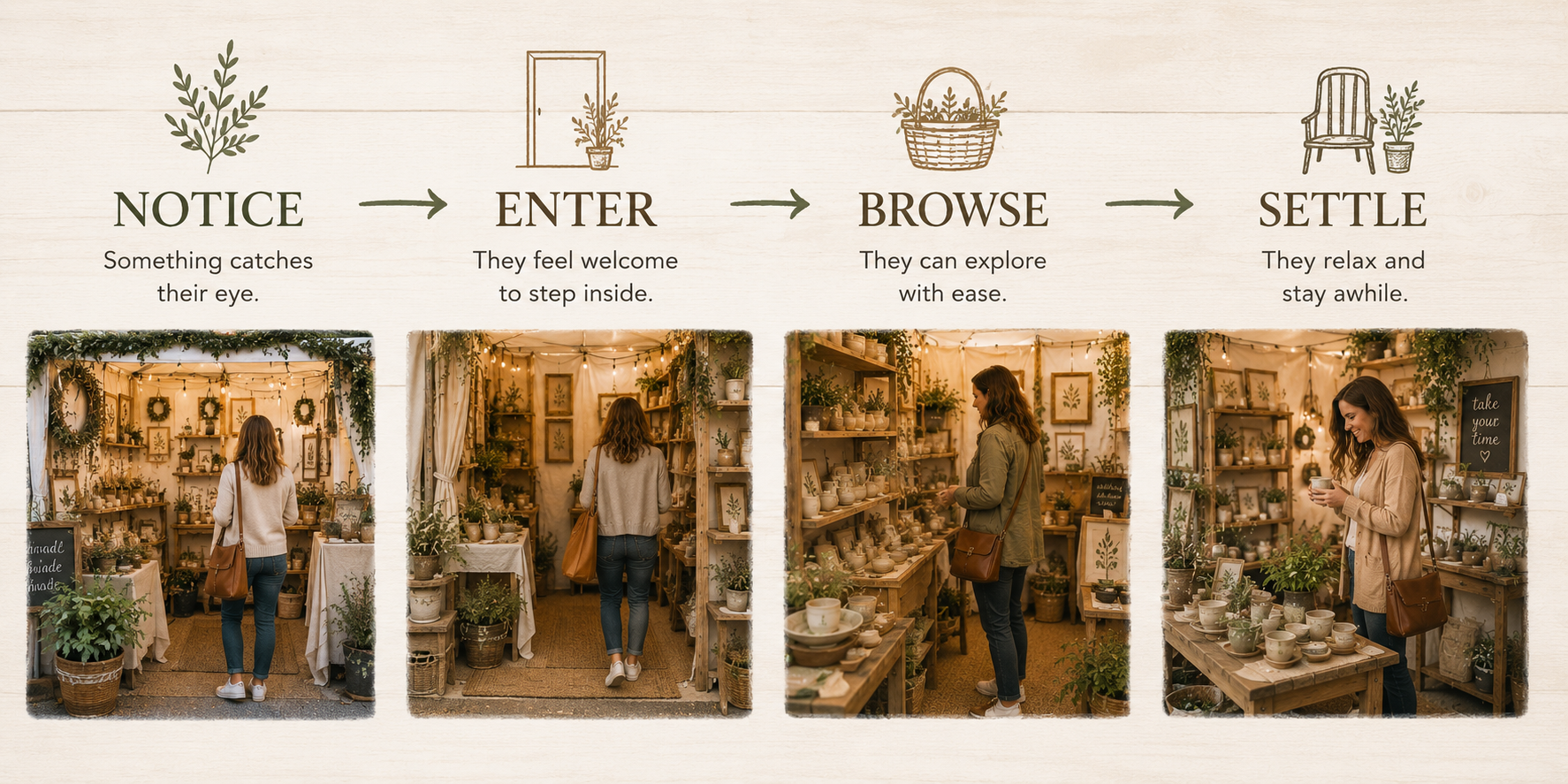 Four-step shopper journey showing how people notice, enter, browse, and settle inside booths that feel easy to shop.
