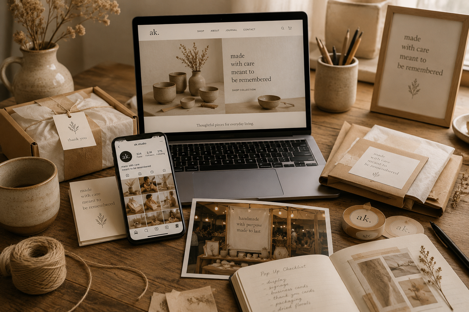 Editorial workspace scene showing a connected handmade business presence across website, social media, packaging, product photography, and booth branding with cohesive visual identity.