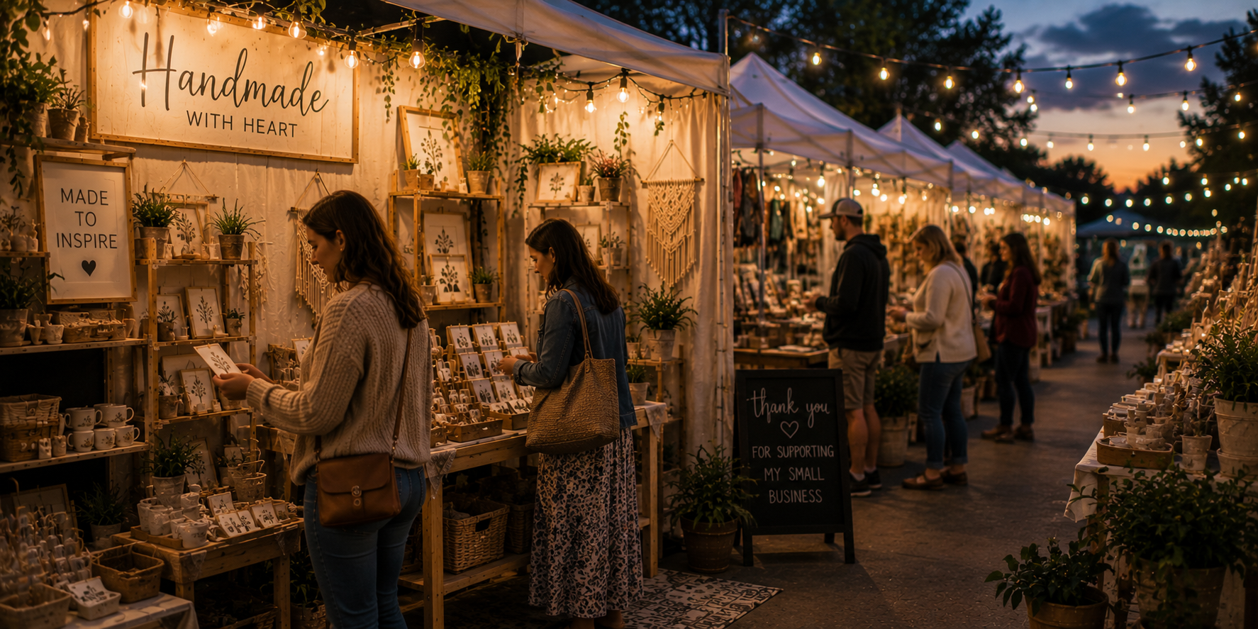 Relaxed shoppers browsing comfortably at a warmly lit craft market booth, showing how small improvements can create a better shopping experience.