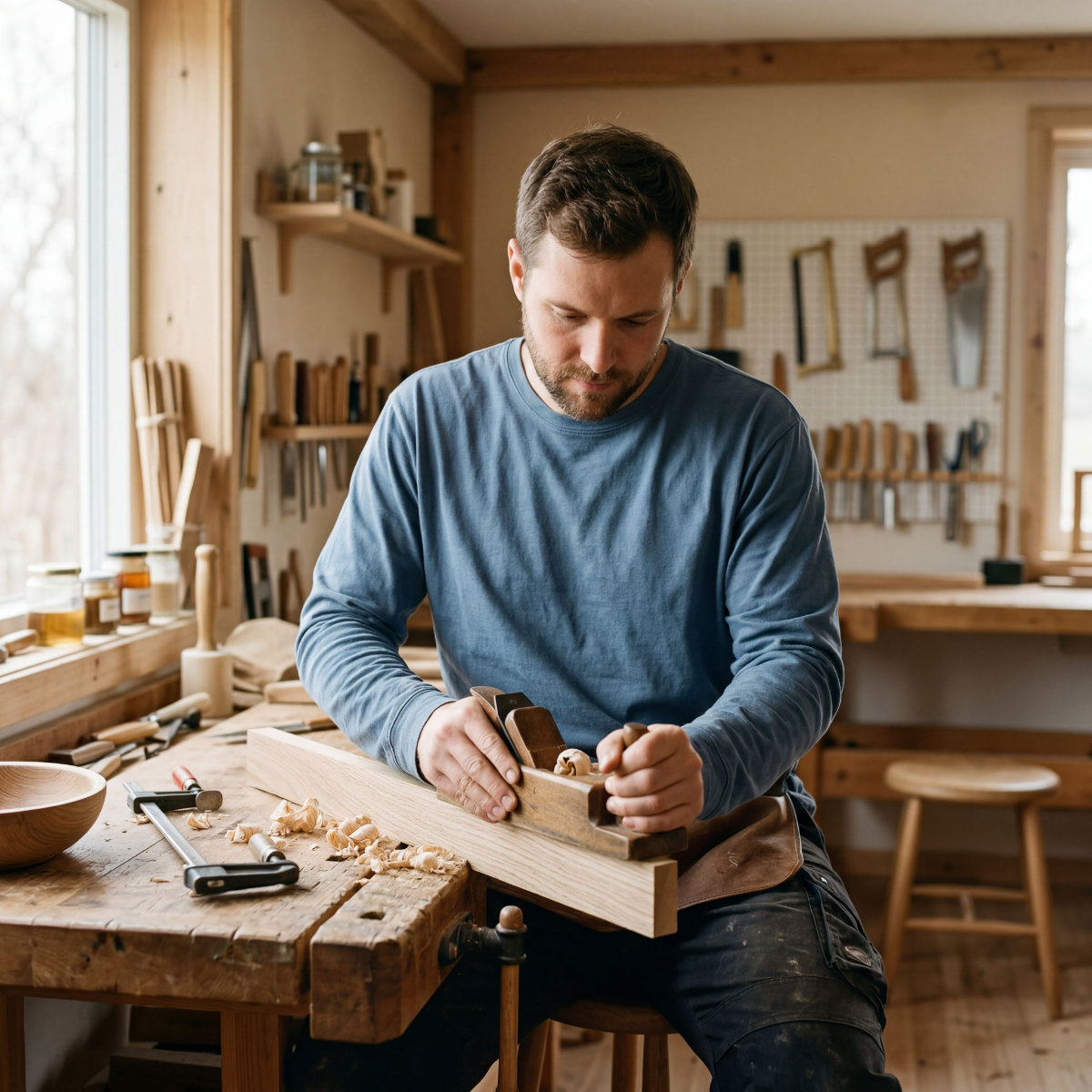 Woodworker shaping a handmade wooden product in a warm workshop surrounded by tools, workbench materials, and handcrafted maker supplies.