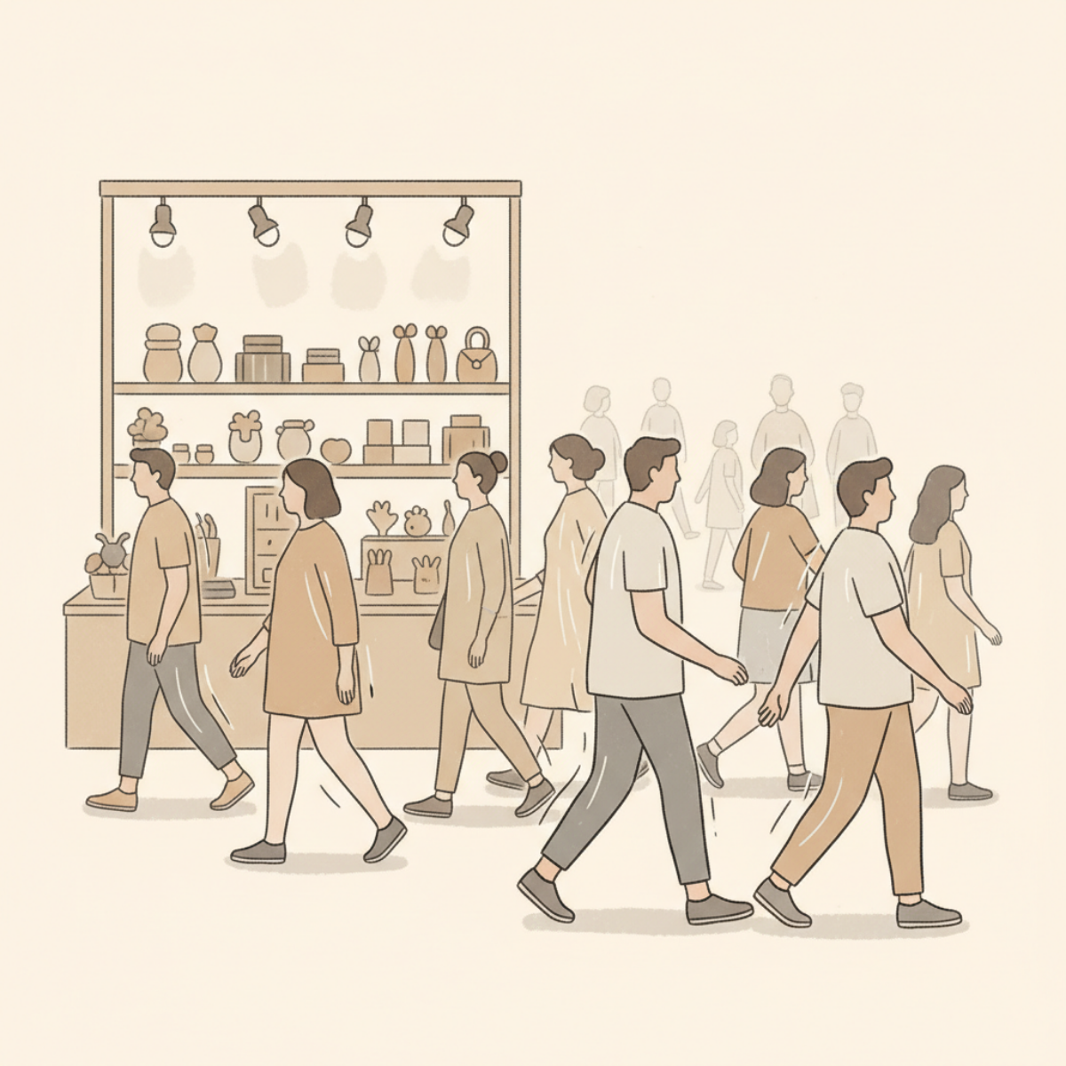 Shoppers walking past a craft booth display without stopping or engaging with products