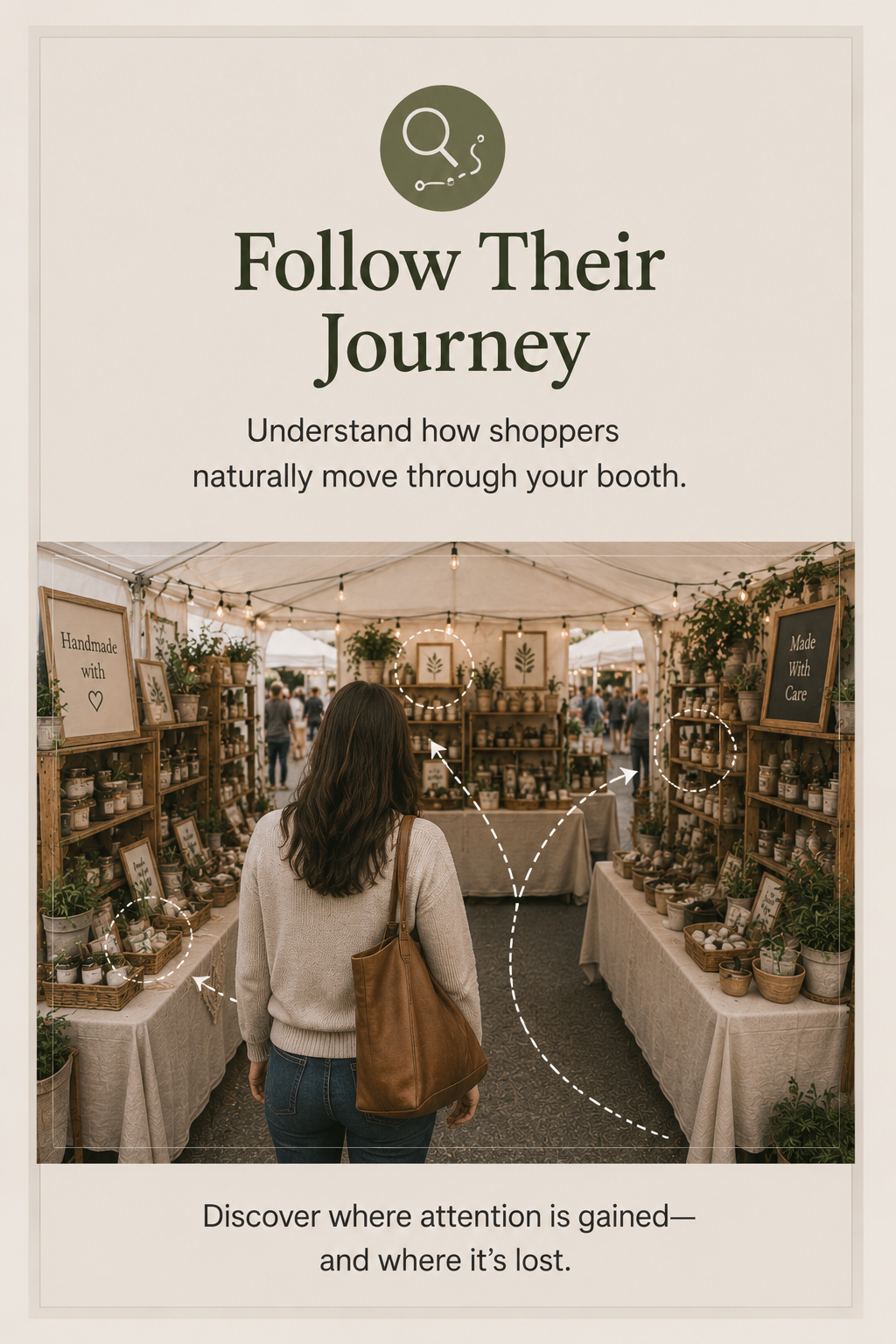 Shopper entering and walking through a craft booth, illustrating the natural browsing path and customer journey.