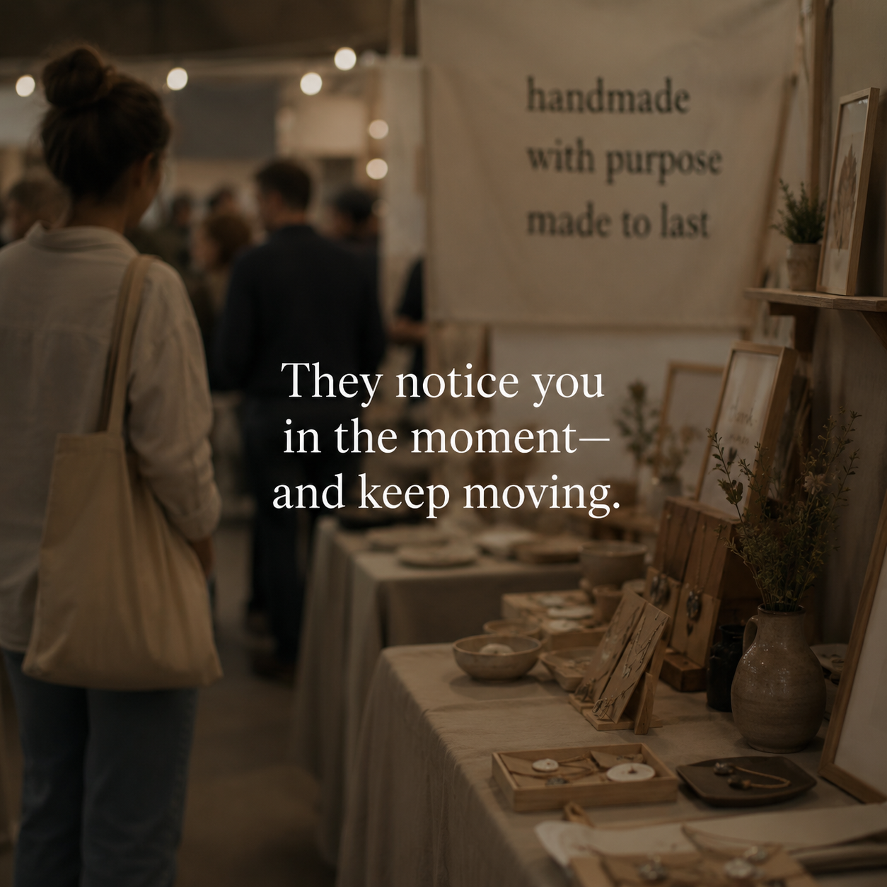 Craft show shopper walking past a handmade booth display while noticing products briefly without forming lasting recognition or connection to the maker’s business.