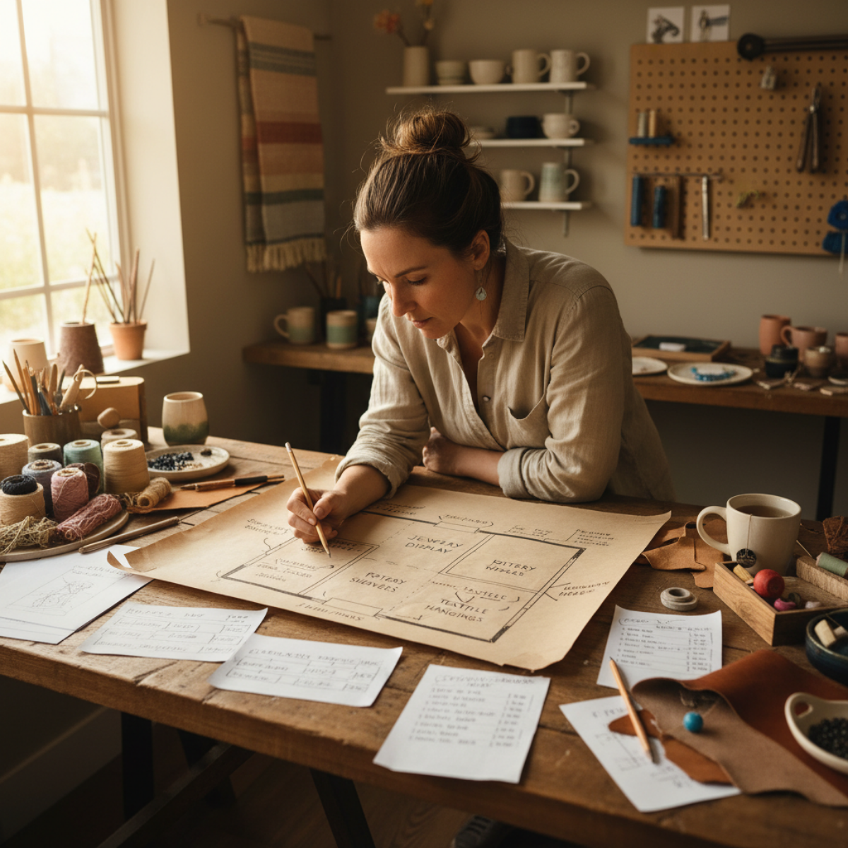 Maker sketching a craft booth layout at a workshop table surrounded by planning notes, handmade products, and booth preparation materials.