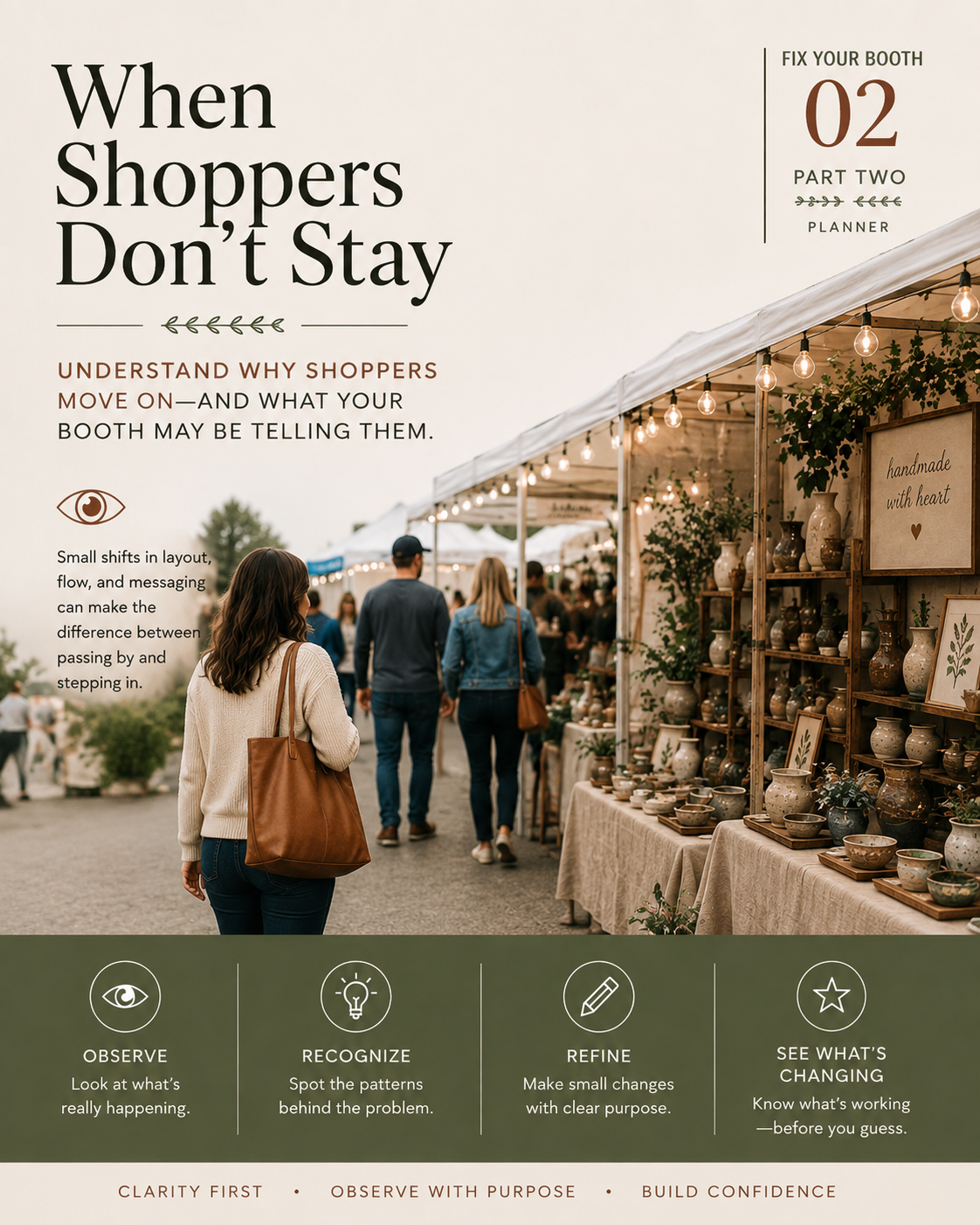 A magazine page about shopper behavior and store layout, featuring a photo of an outdoor market with booths selling pottery, decorated with string lights, and a woman with a brown bag observing the scene.