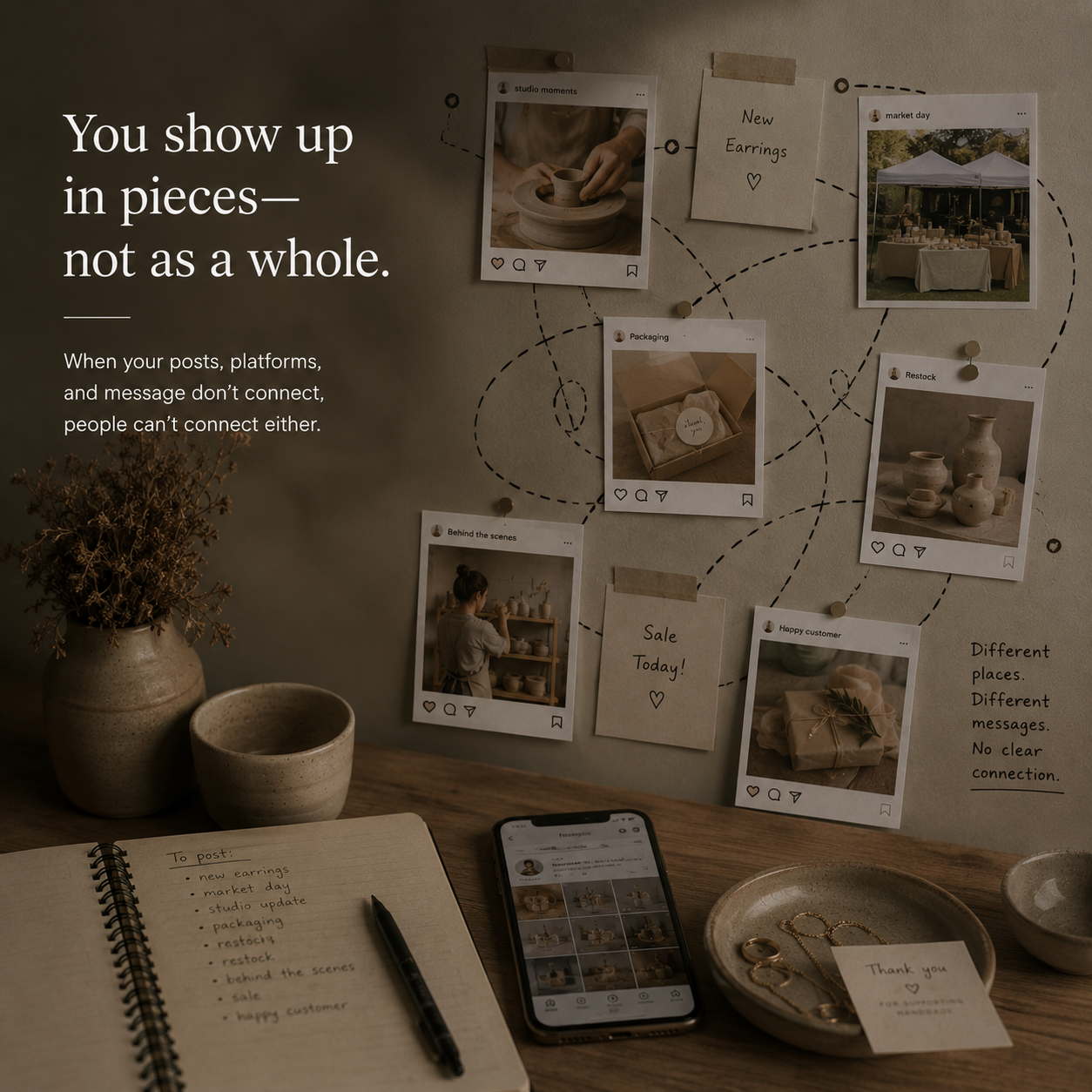 Editorial-style visual showing scattered social media content, market posts, packaging updates, and product photos that feel disconnected and difficult for customers to consistently recognize or remember.