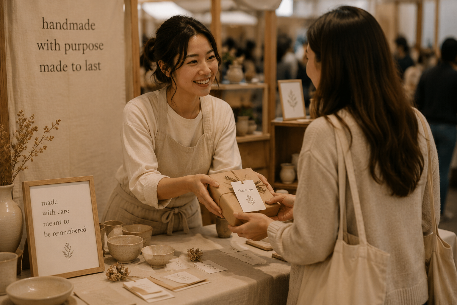 Maker warmly handing a thoughtfully wrapped handmade purchase to a customer at a craft booth, creating an emotionally memorable and welcoming experience.