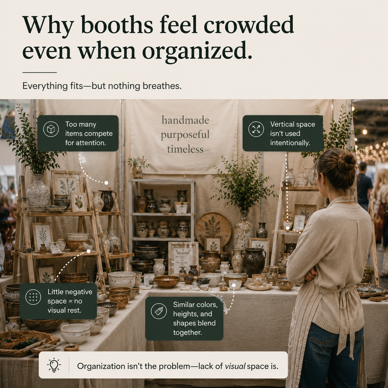 Craft booth display that appears visually crowded despite being organized, showing limited negative space, compressed product placement, and overwhelming visual competition that makes browsing difficult for shoppers.