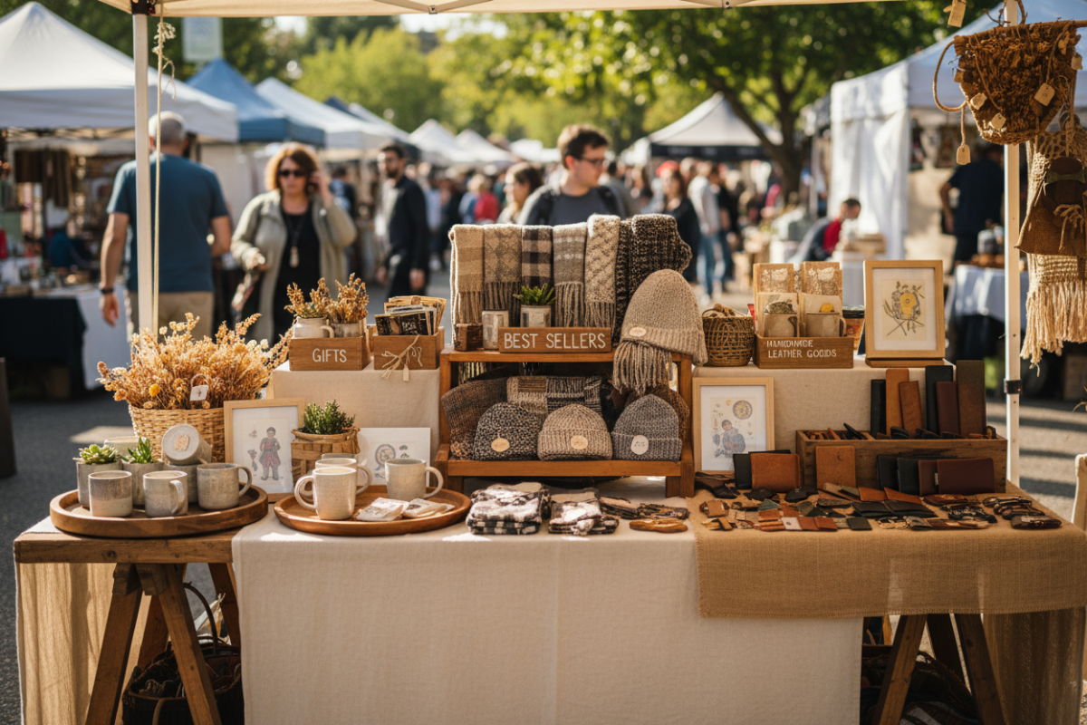 customers browsing a craft booth display but not making a purchase