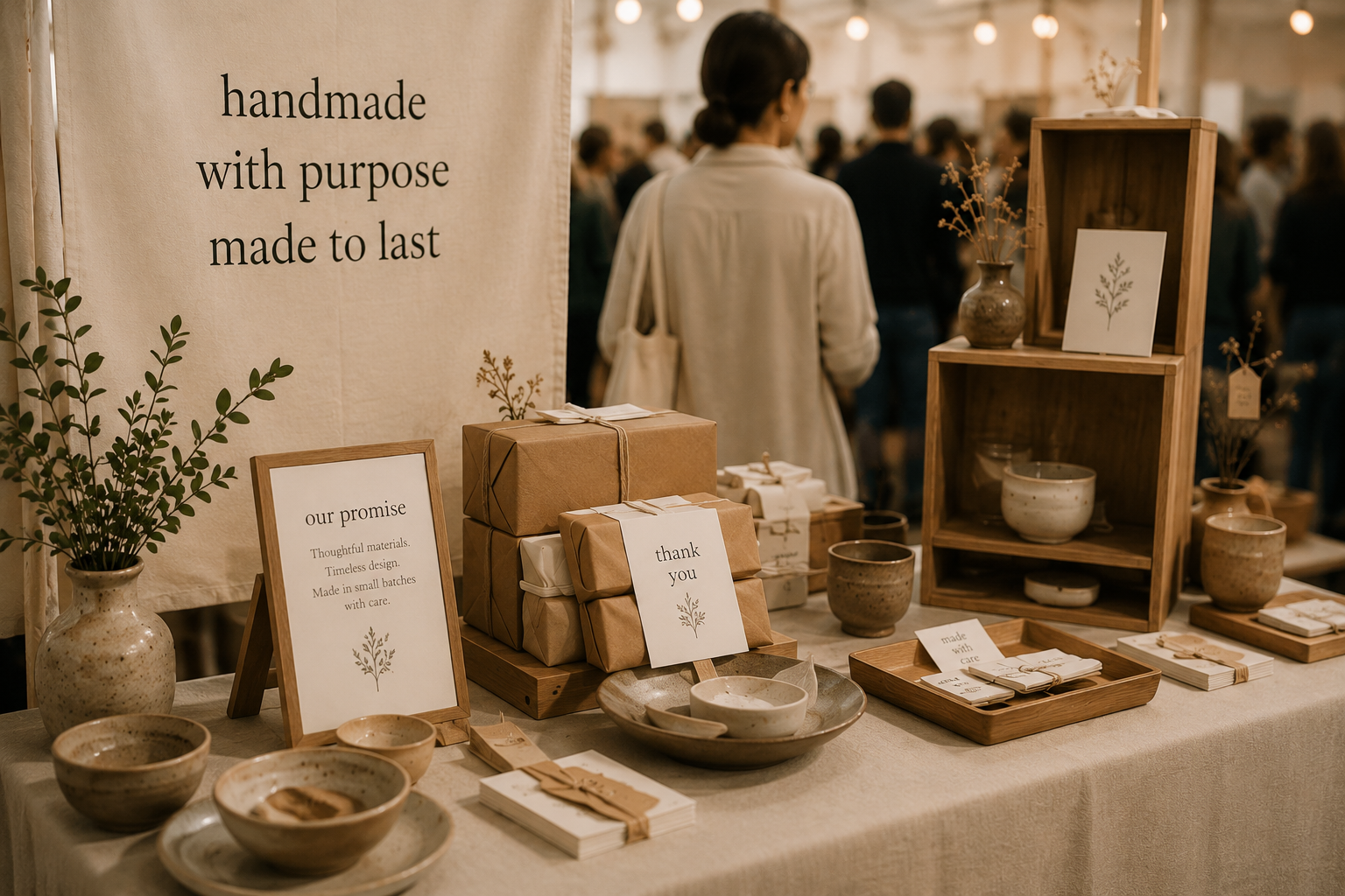 Warm editorial-style craft booth display featuring cohesive packaging, neutral textures, handmade ceramics, and consistent visual branding that creates a recognizable customer experience.