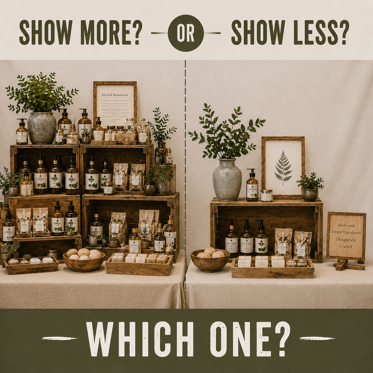 Two display setups of natural skincare products, one showing more items with wooden crates and the other showing fewer items, accompanied by green plants and framed botanical art, with text asking 'Show more or show less? Which one?'