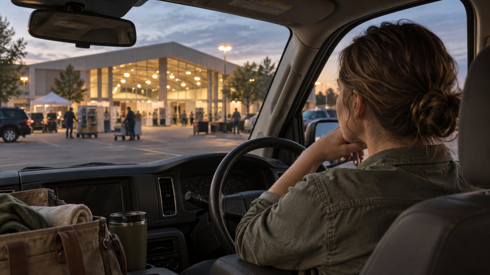 A woman with curly hair tied back, sitting inside a vehicle, looking out at a store in a parking lot at dusk. The store is brightly lit with people shopping outside, and there are cars parked around.