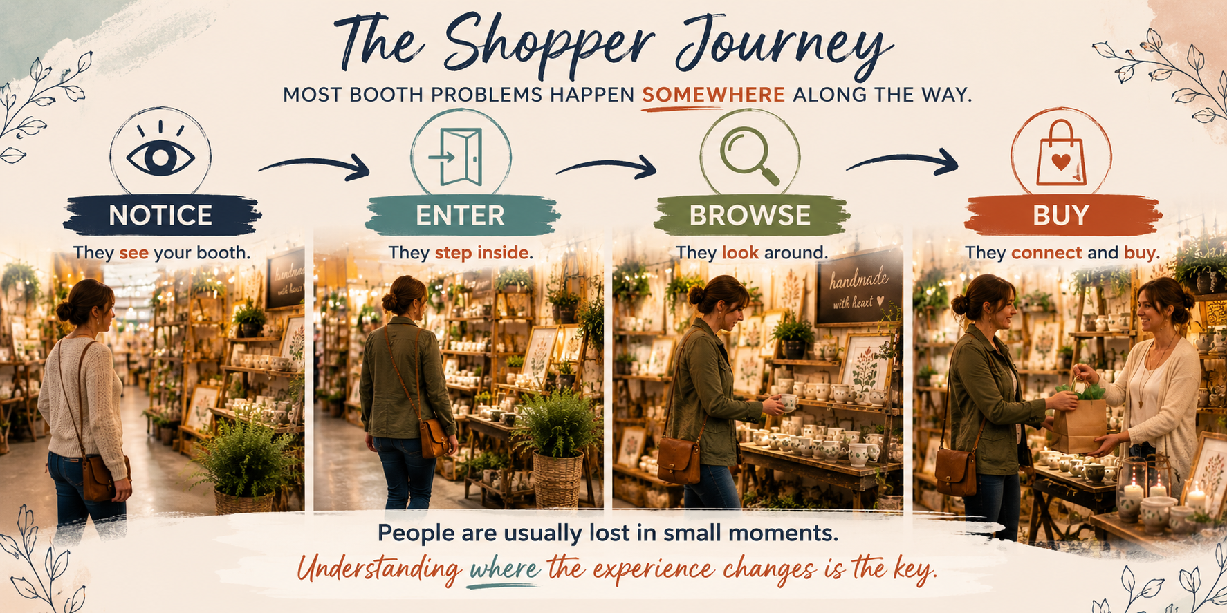 Visual framework showing the four stages of the shopper journey where booth momentum is gained or lost.