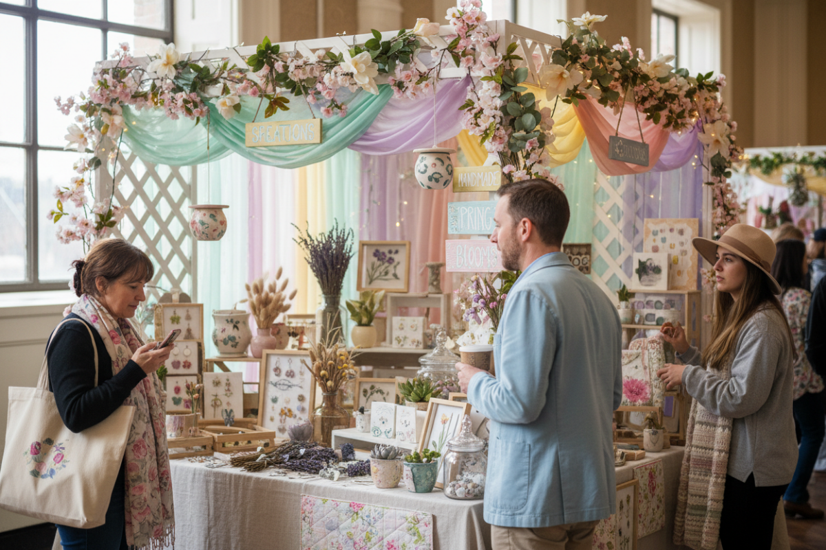 Spring-themed craft booth with pastel fabric draping and floral decor attracting shoppers who are browsing handmade items and displays