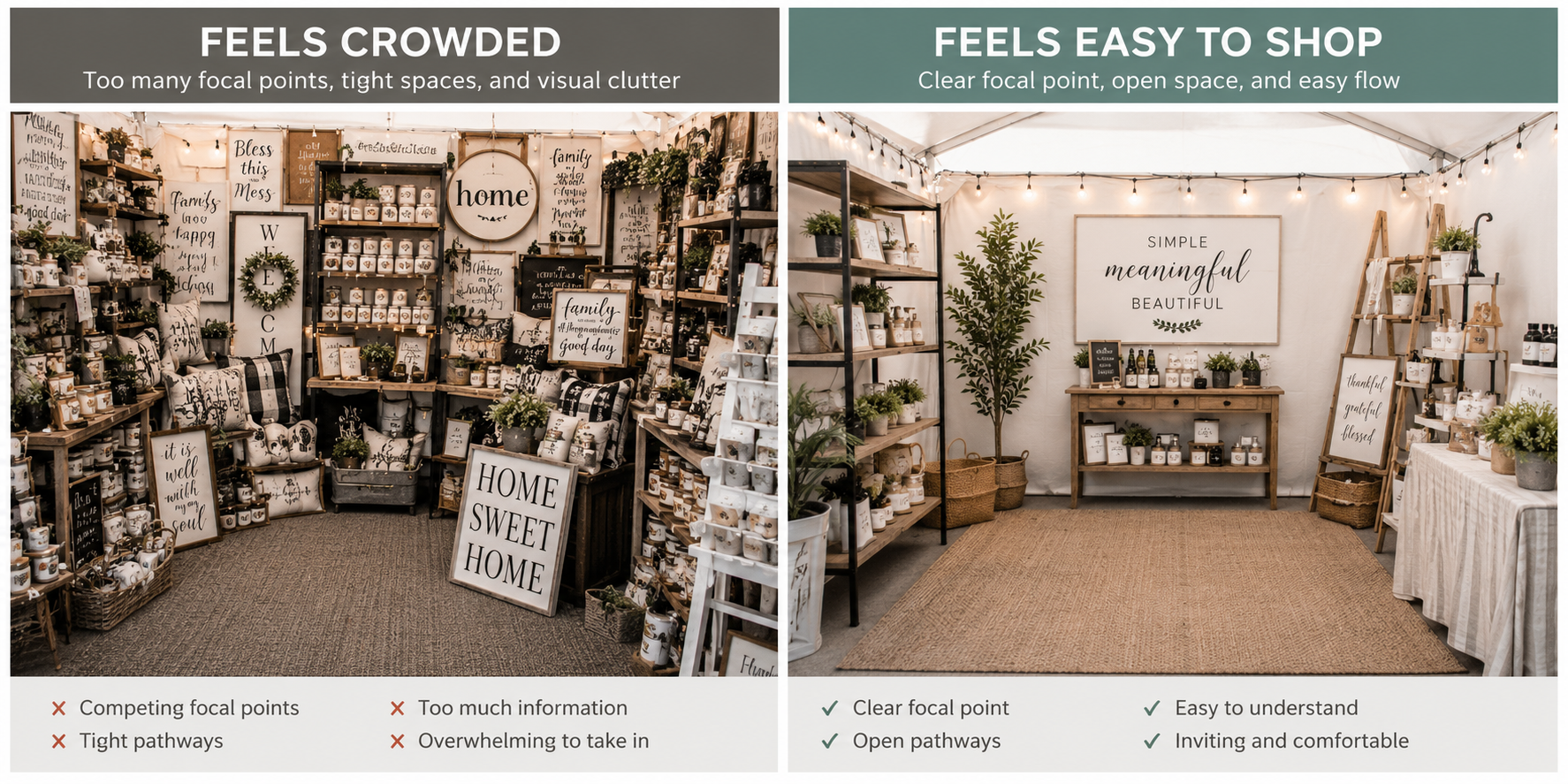 Side-by-side comparison showing a crowded craft booth and a booth with clear flow and open space.