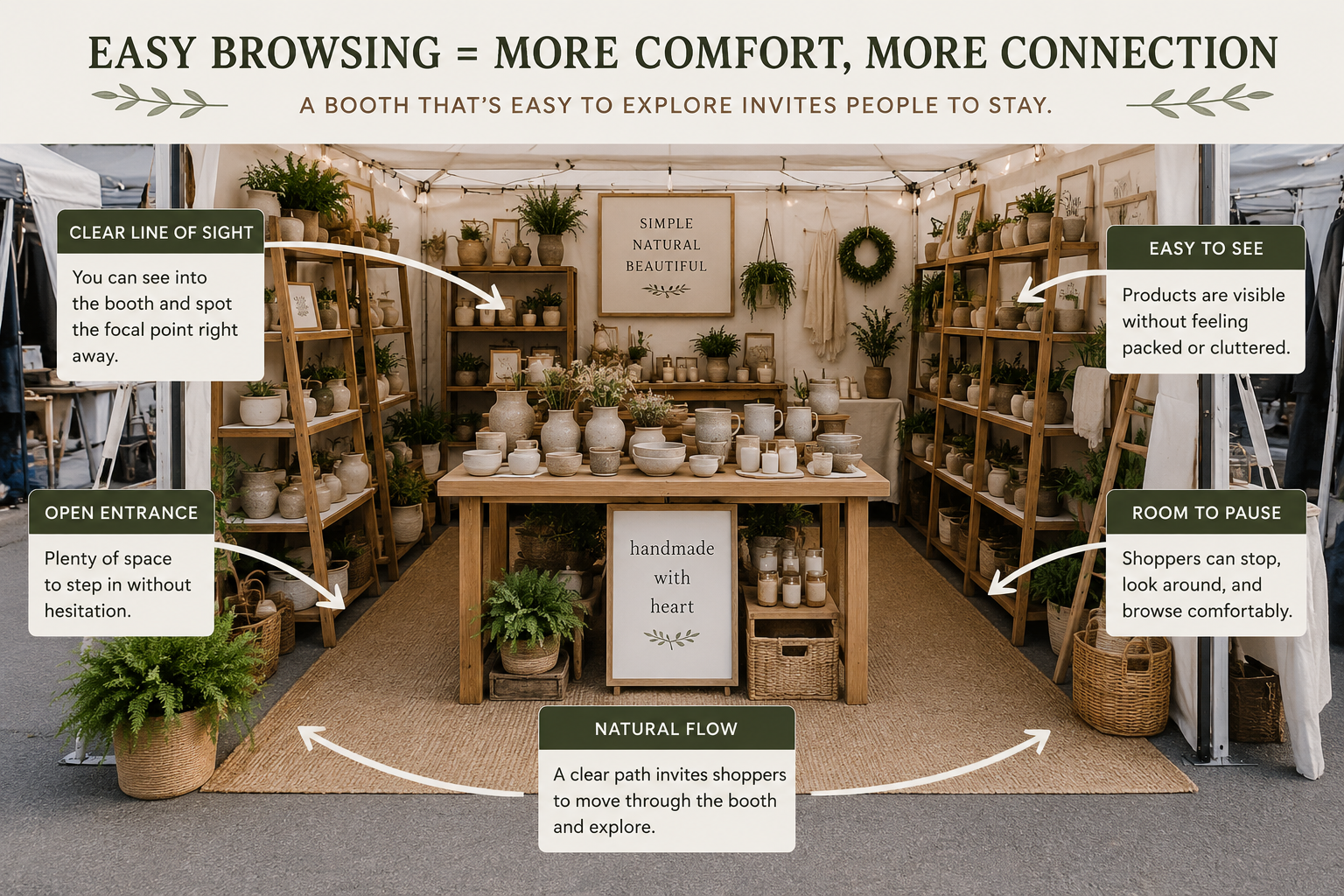 Open craft booth layout with clear sight lines, visible products, and natural walking paths that make browsing comfortable and encourage shoppers to spend more time exploring.