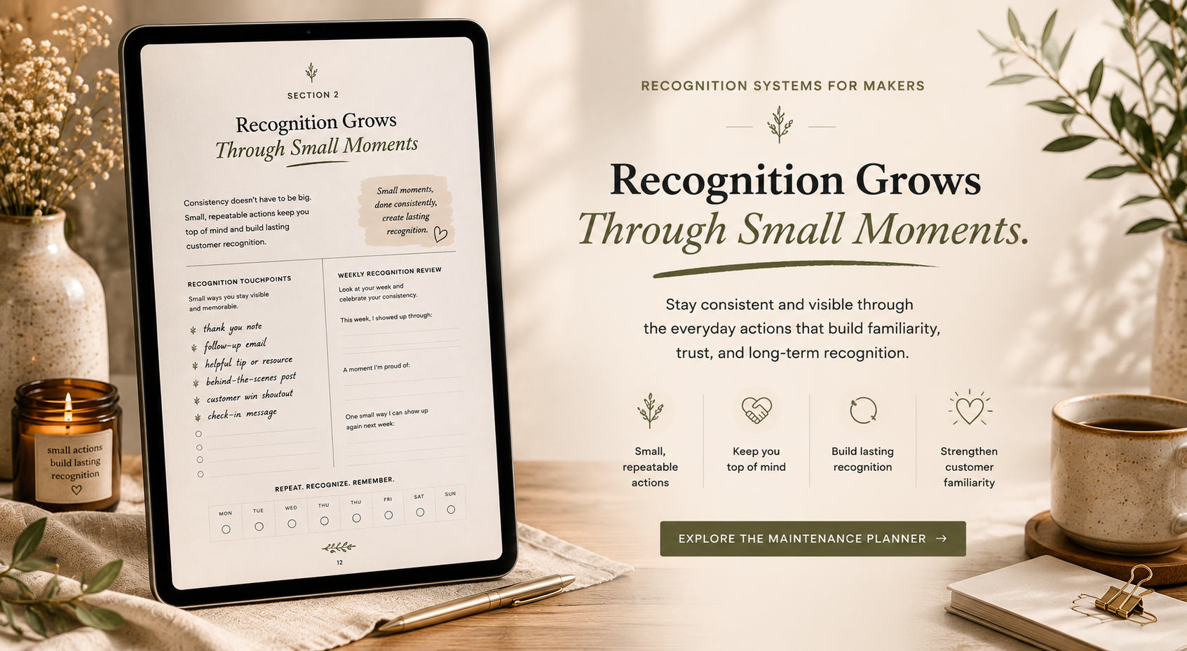 Digital recognition planner on a tablet with warm neutral workspace decor.