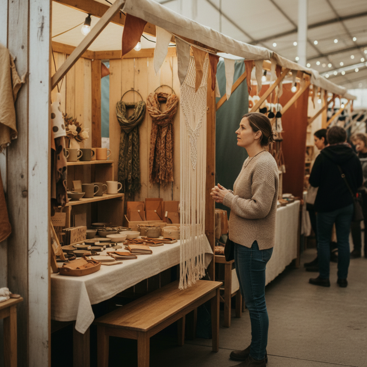 Shopper browsing products inside a handmade craft booth at an indoor market before making a purchase decision.