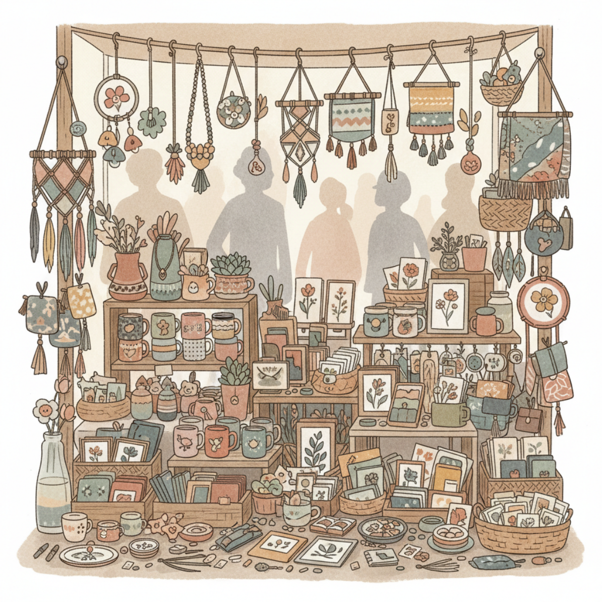 Crowded craft booth filled with trendy handmade products and decor, illustrating how too many visual elements can prevent shoppers from focusing on any one item.
