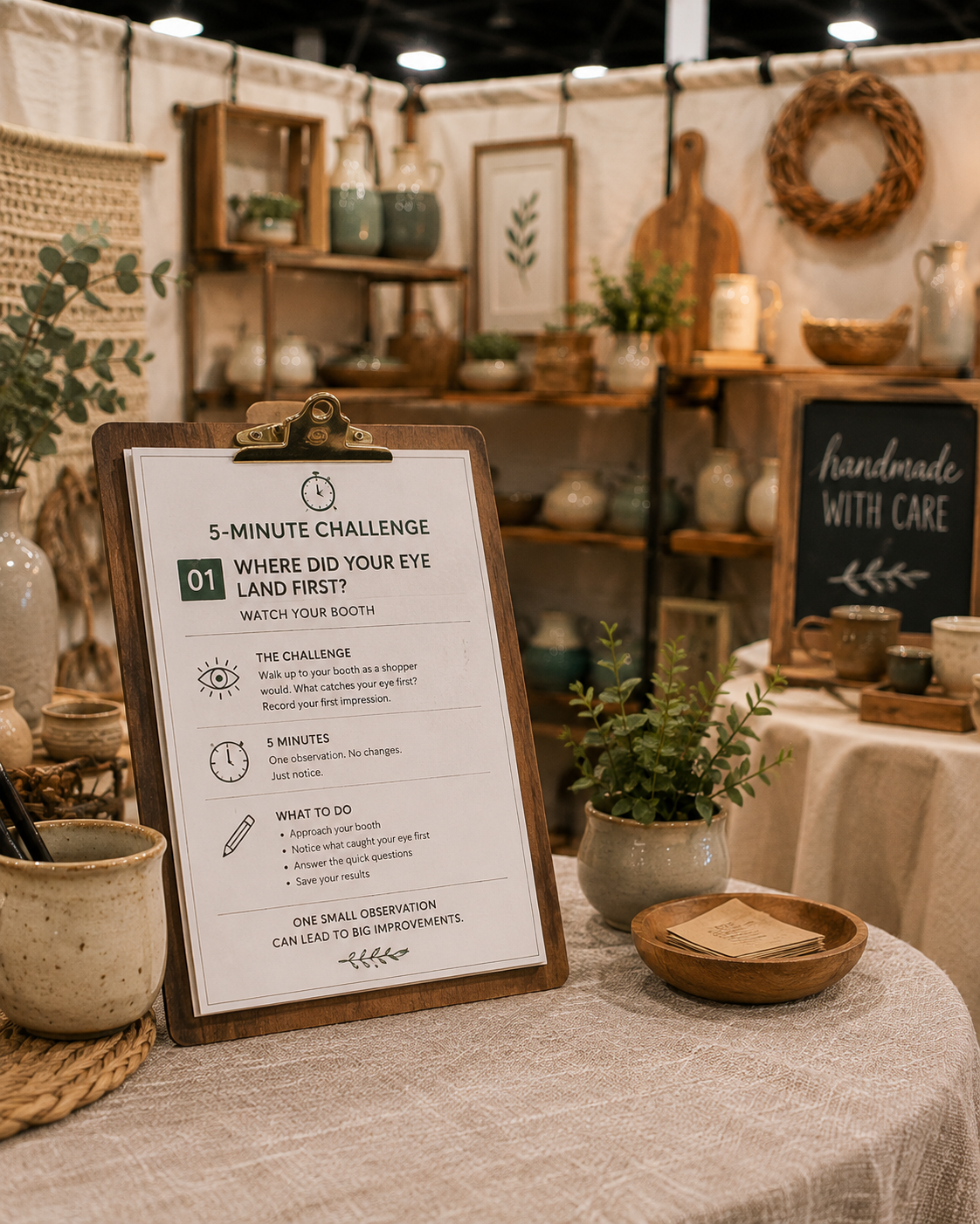 A sign on a table at an art fair or craft show titled '5-Minute Challenge' with instructions for a listening exercise called 'Where Did Your Eye Land First?', surrounded by pottery, a small plant, and other decorative items on tables and shelves.