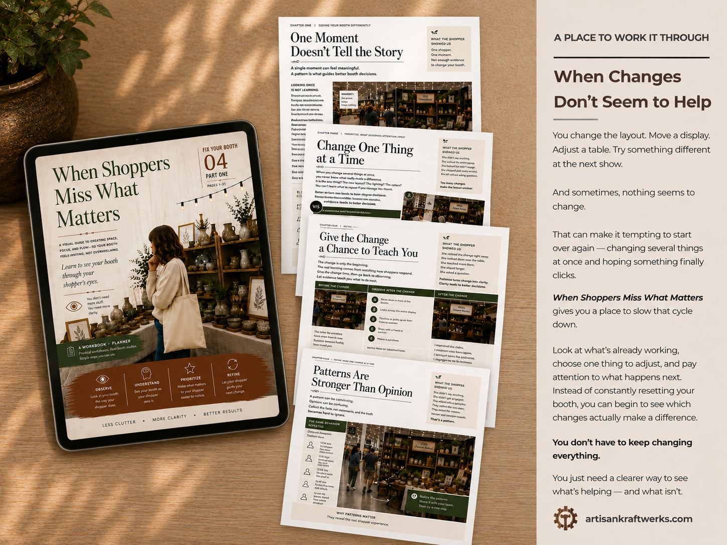 Tablet displaying a guide on what shoppers miss when visiting a booth, with sections on observing, understanding, prioritizing, and refining. The tablet is on a wooden surface with printed pages and a potted plant nearby.