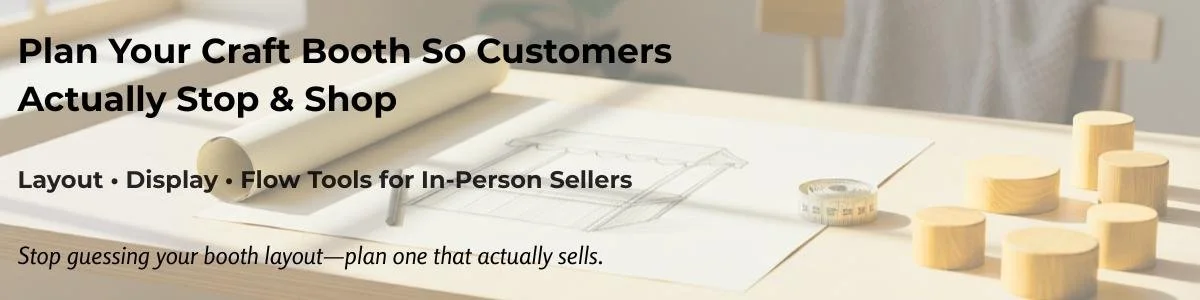 Craft booth planning banner featuring layout sketches, display flow tools, and booth strategy resources designed to help handmade sellers create shopper-friendly craft show displays that attract customer attention and improve sales.