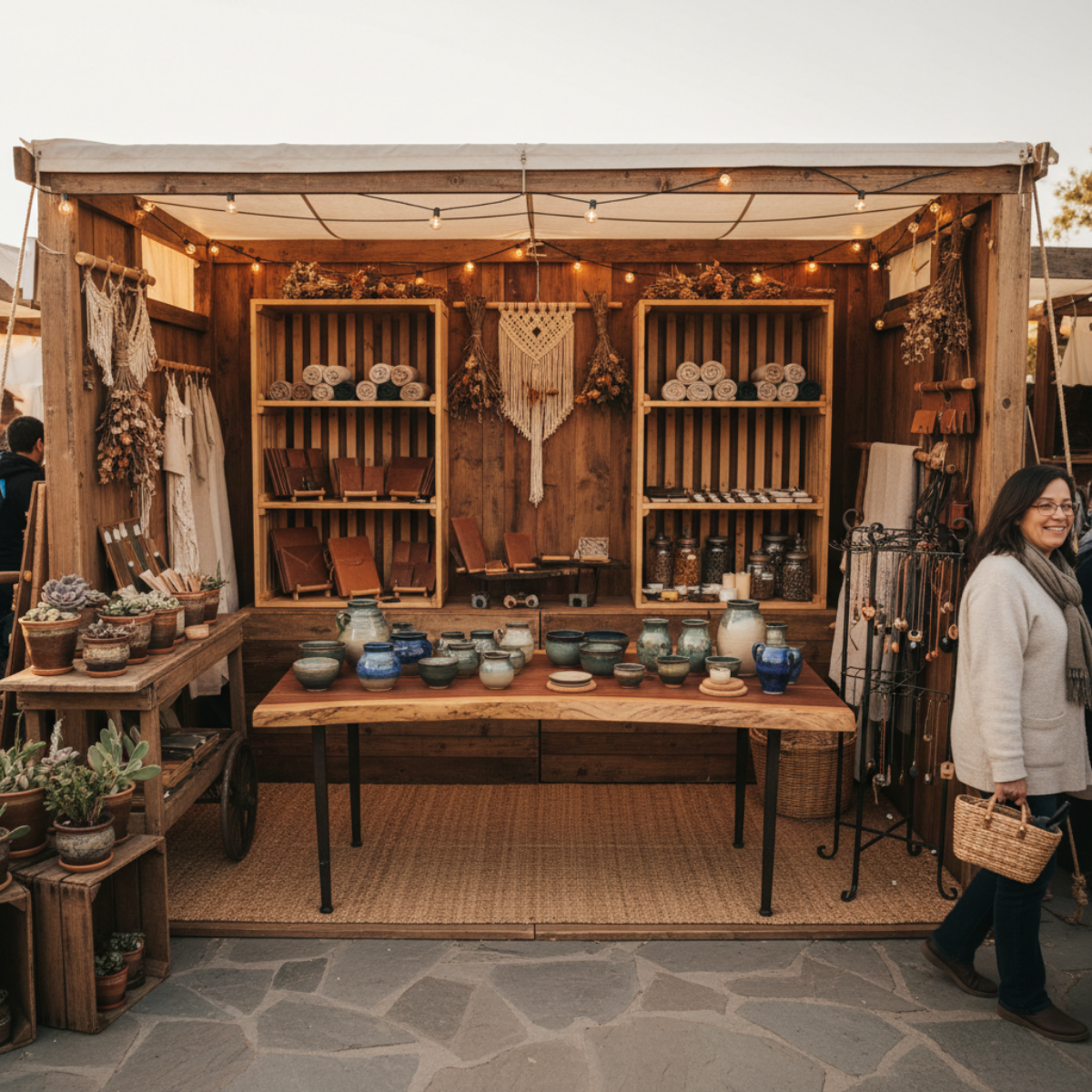 Well-organized handmade craft booth with open entry space, balanced product displays, clear focal point, and intentional layout that encourages shoppers to step inside and browse naturally.