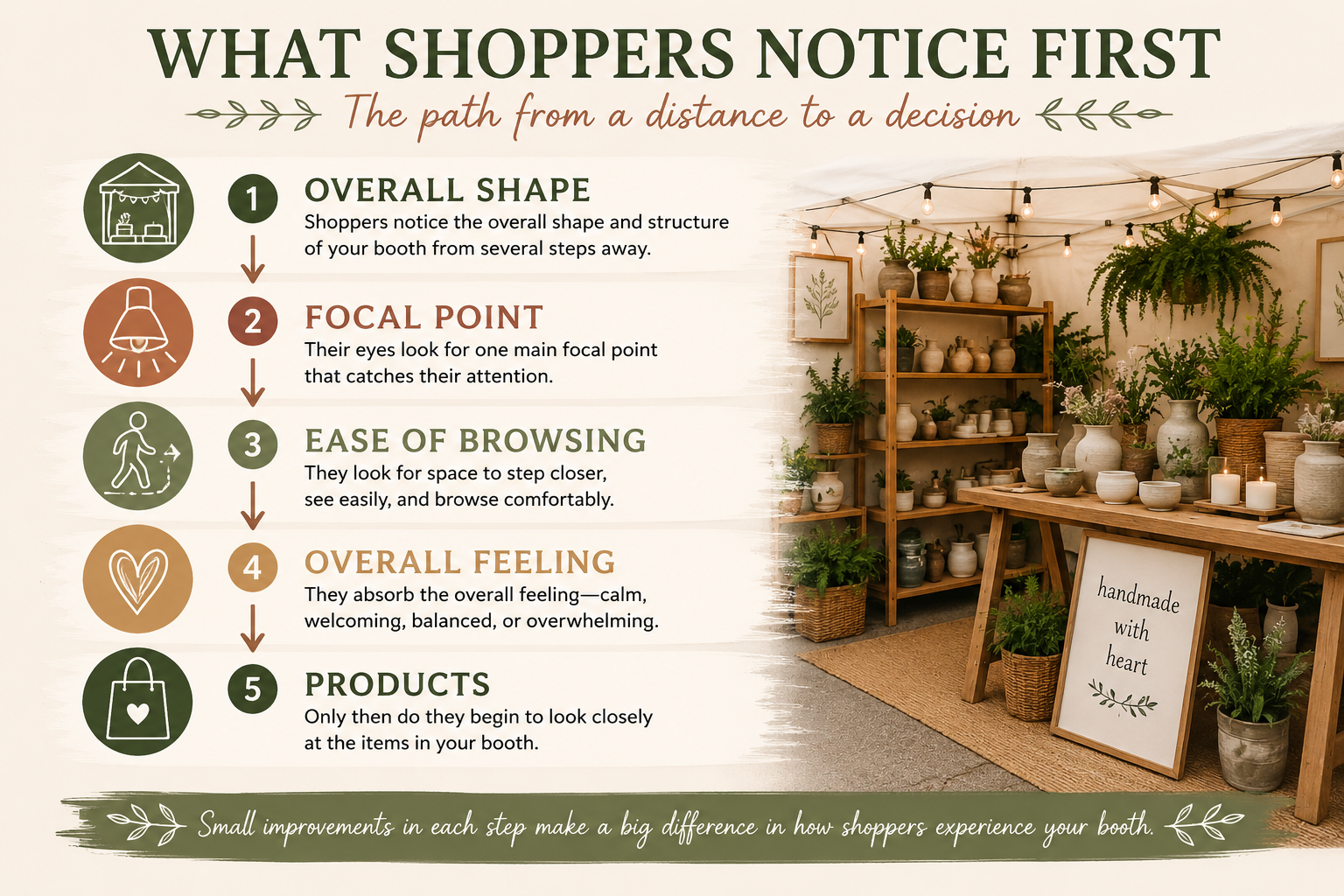 Infographic showing the order in which shoppers notice a craft booth, including overall shape, focal point, ease of browsing, overall feeling, and products.