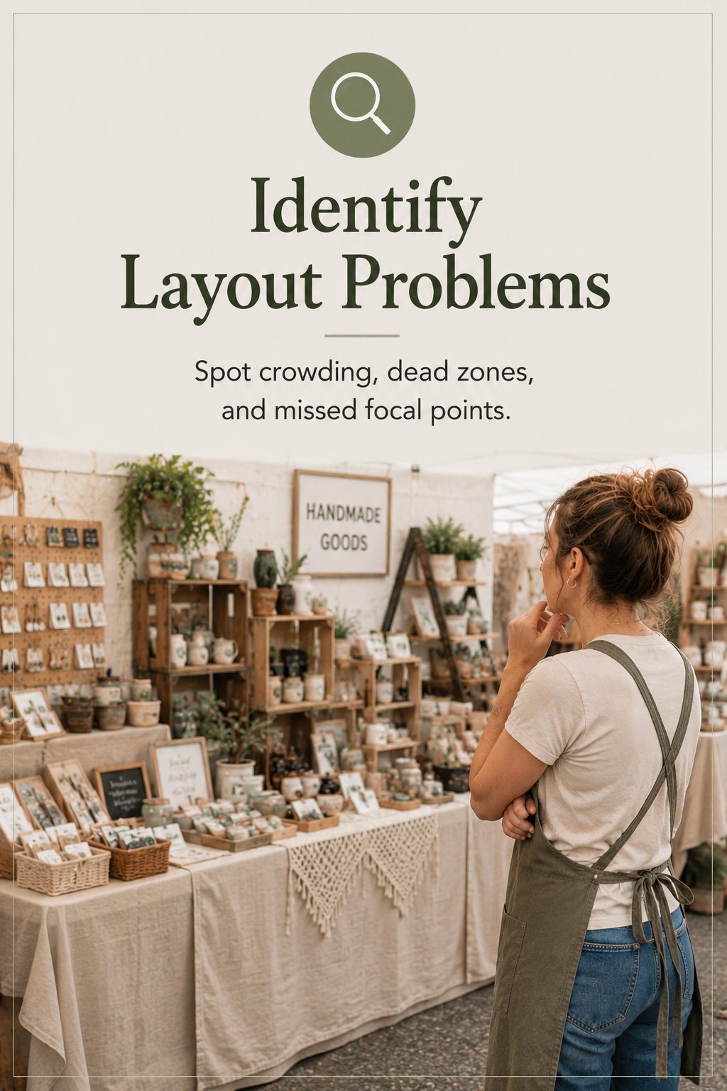 Craft show vendor evaluating a busy booth display to identify layout problems such as crowding, dead zones, and missing focal points.