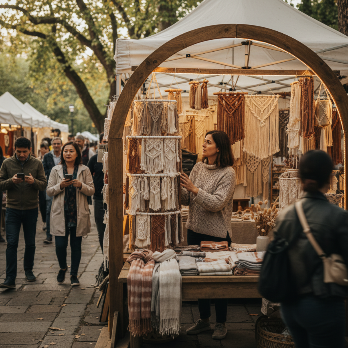 Shopper pausing at the front of a handmade market booth with macramé displays arranged to face the aisle and draw attention inward