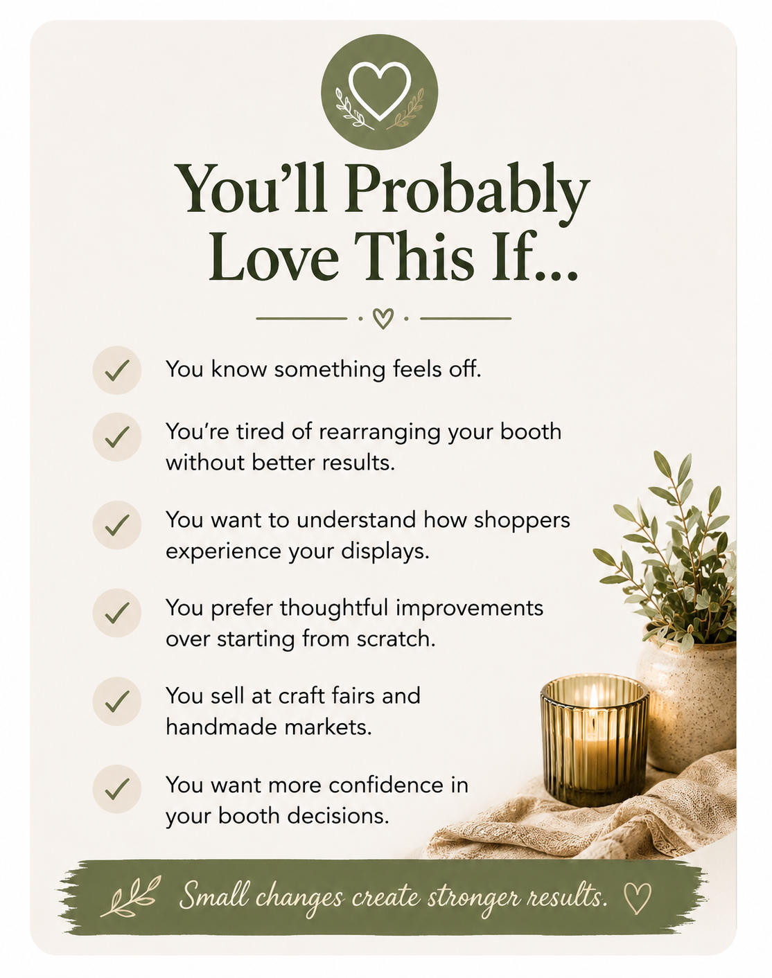 The card highlights vendors who know something feels off, want to understand shopper behavior, prefer thoughtful improvements, and want more confidence in their craft booth decisions.
