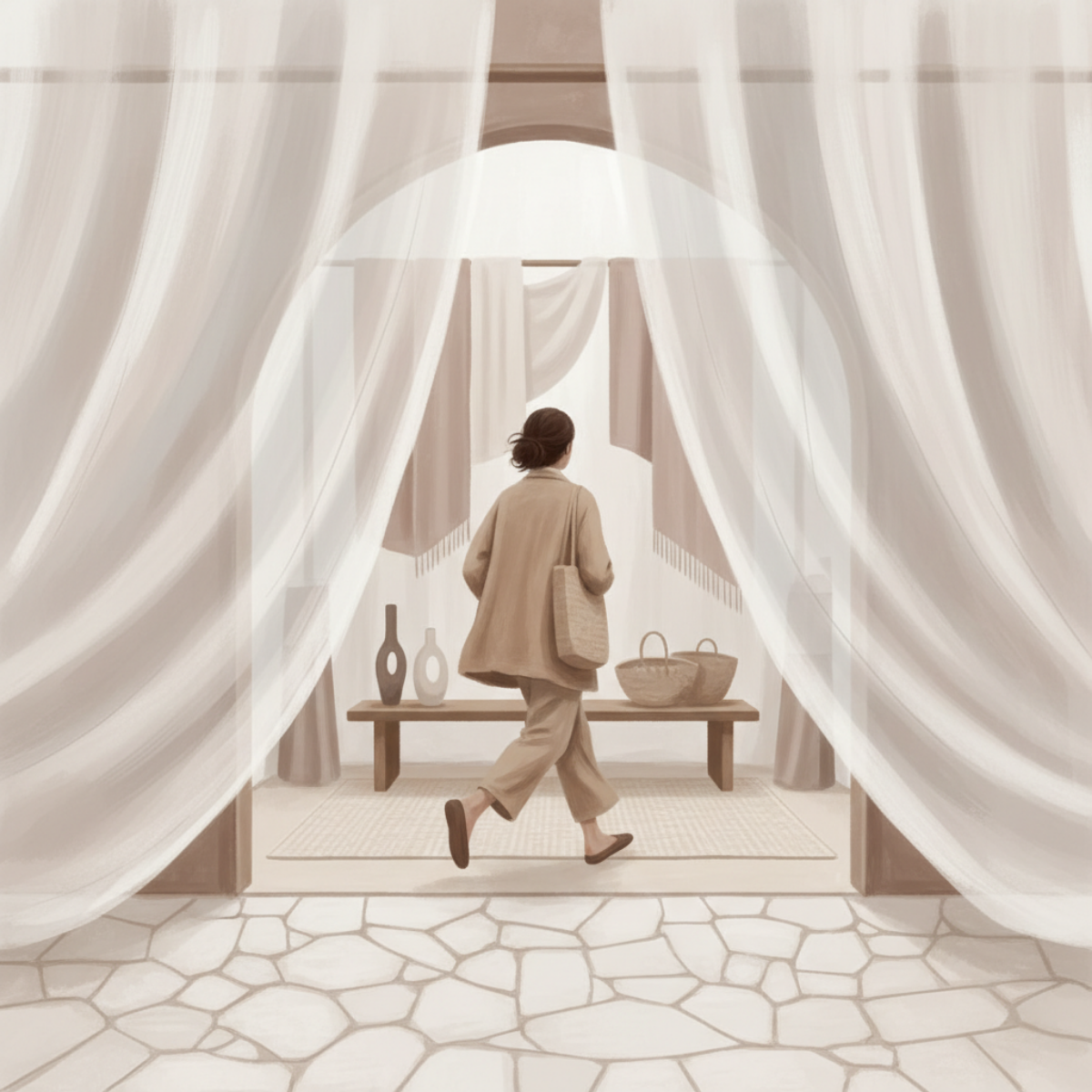 Shopper entering a craft booth display without stopping to engage with products