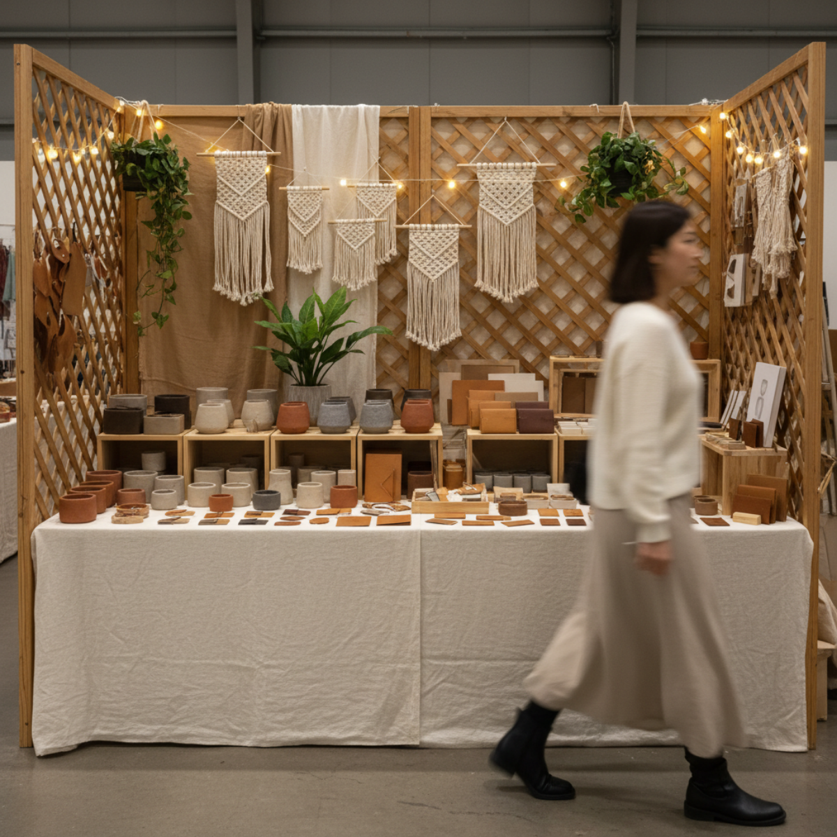 Well-stocked craft booth display with products arranged neatly while a shopper walks past without stopping to engage