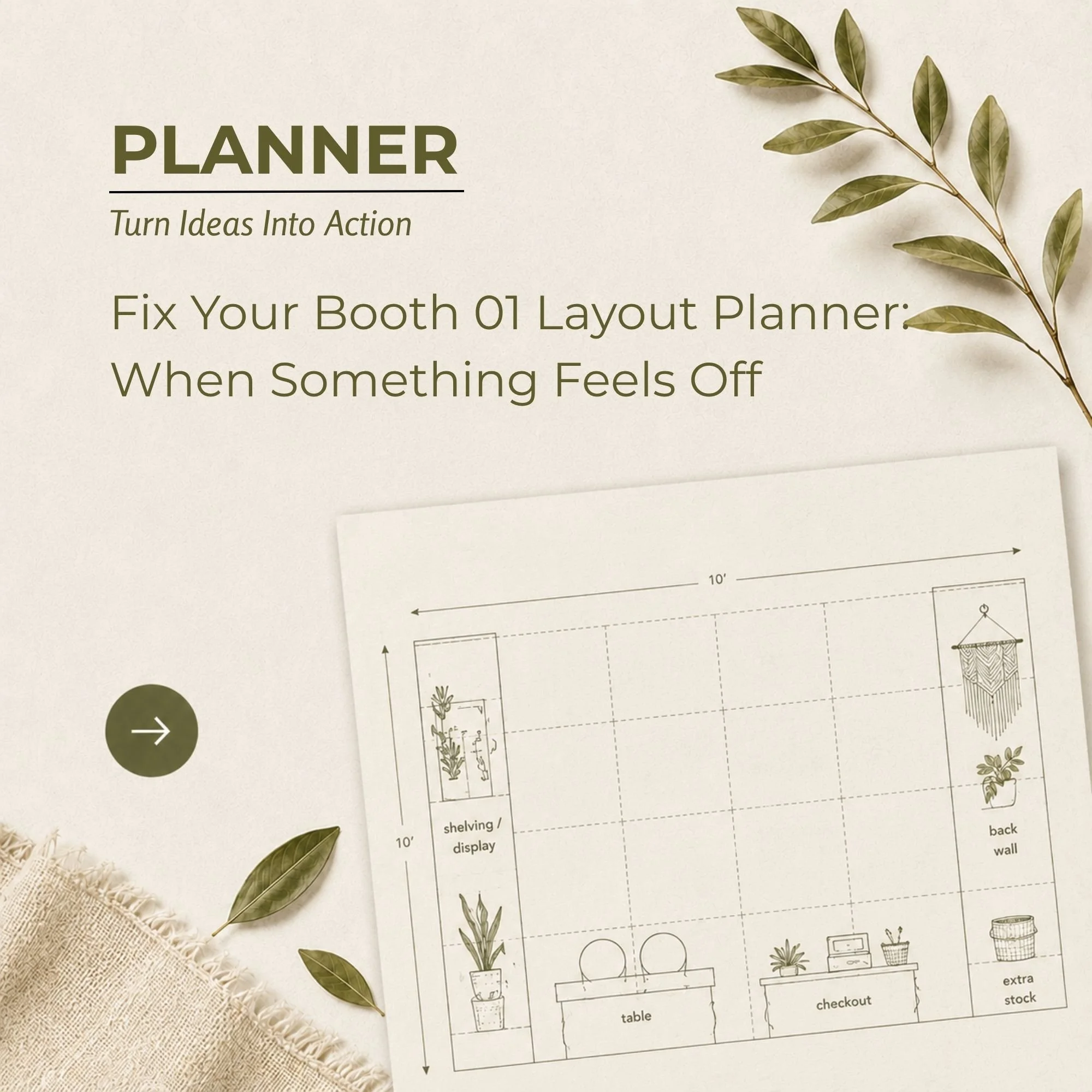 Illustrated craft booth planning guide showing optimized booth layouts, shopper flow pathways, and display organization strategies designed to help handmade sellers create booths that encourage customers to stop, browse, and buy.