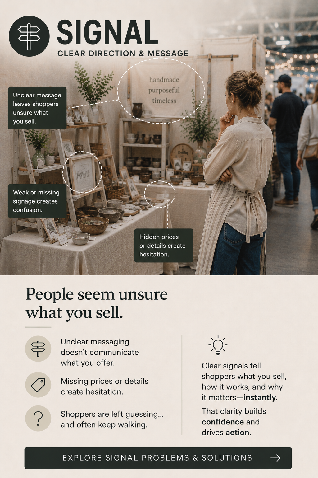 Craft booth signal and signage analysis showing unclear pricing, weak booth messaging, and shopper confusion caused by poor visual communication and unclear product information at a handmade market booth.