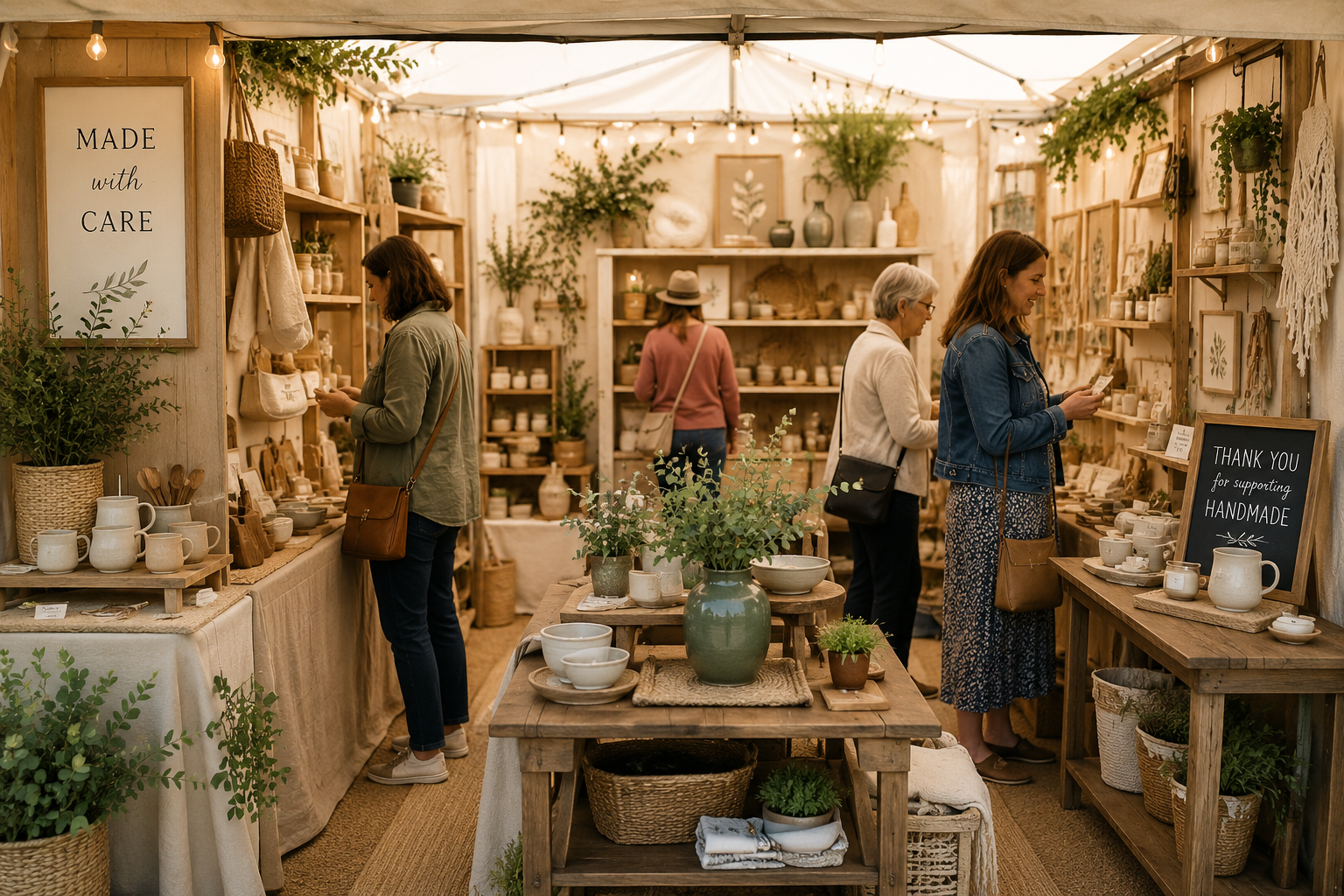 Warm and inviting craft booth with relaxed shoppers browsing comfortably and spending time exploring handmade products.