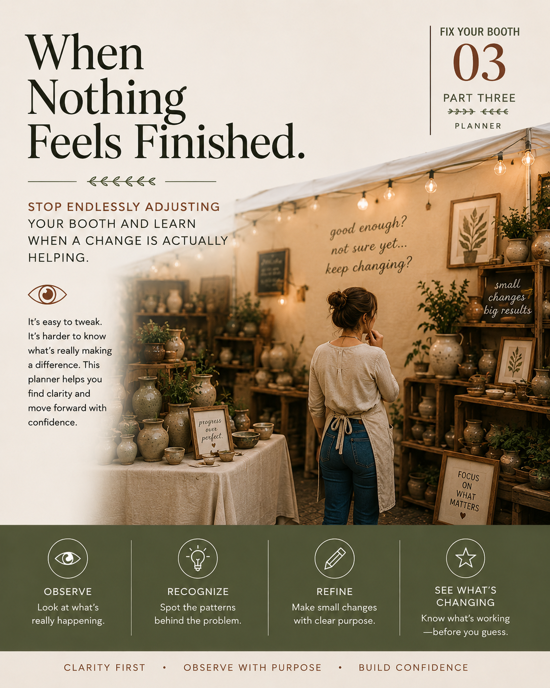 A woman in a beige shirt and jeans stands inside a pottery shop, looking at shelves filled with vases and framed art. The shop has warm lighting and potted plants, with signs displaying motivational messages and tips for making small changes.