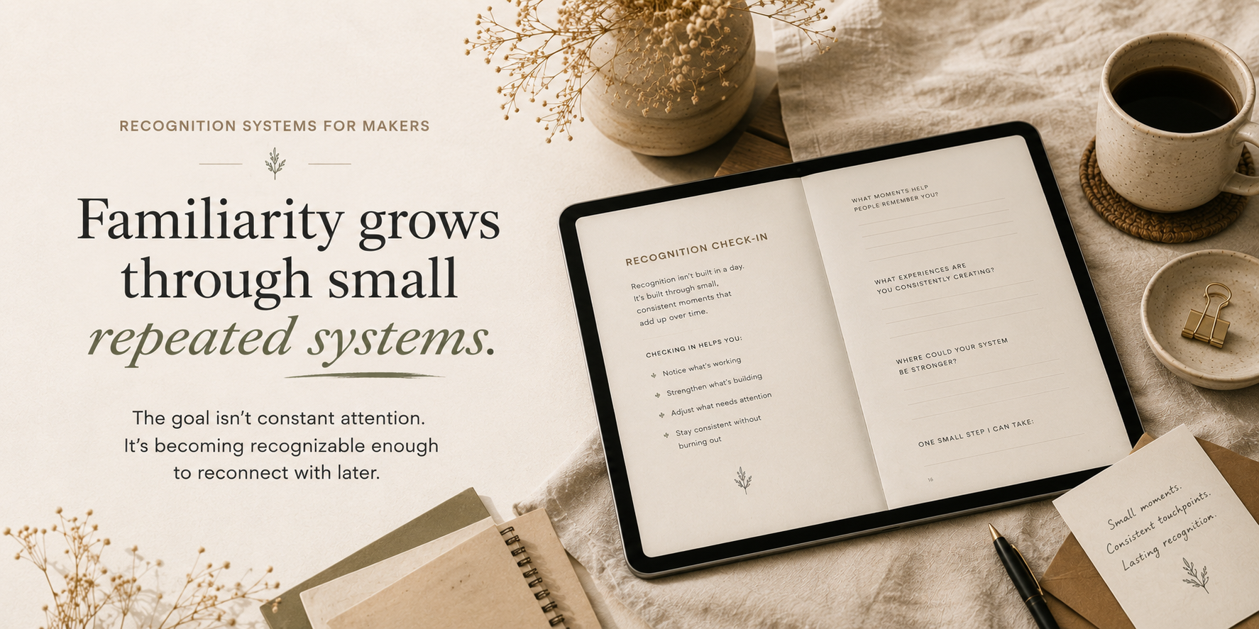 Minimal editorial-style banner showing a digital recognition planner open on a tablet surrounded by warm neutral workspace elements, illustrating how makers build customer familiarity through small repeated systems and consistent brand recognition.