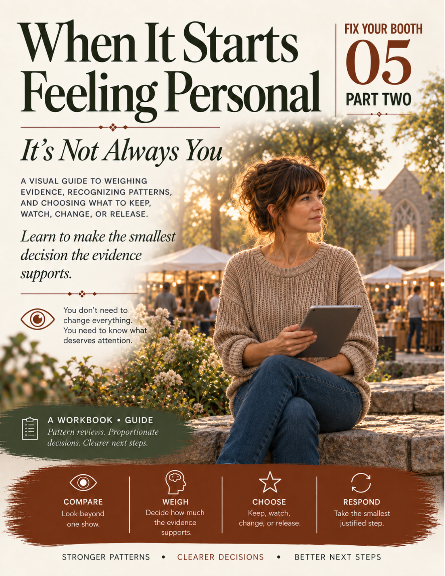 Cover of a guide titled 'When It Starts Feeling Personal: It's Not Always You, A Visual Guide to Weighing Evidence, Recognizing Patterns, and Choosing What to Keep, Watch, Change, or Release.' The cover features a woman sitting outdoors in the sunlight, holding a tablet, with tents and a church in the background, surrounded by flowers and trees.