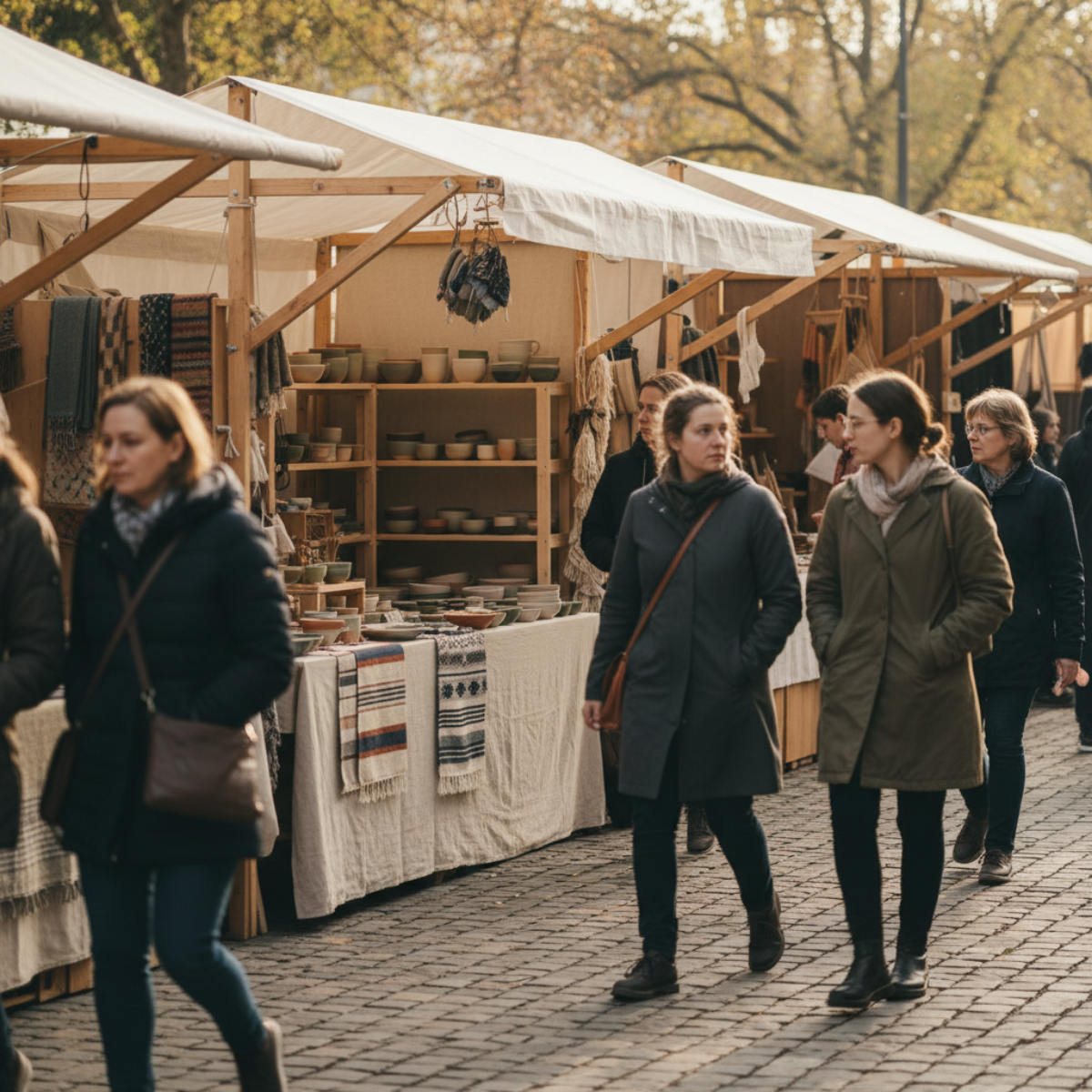 Shoppers walking past a craft booth at an outdoor market without stopping to browse or engage with the products