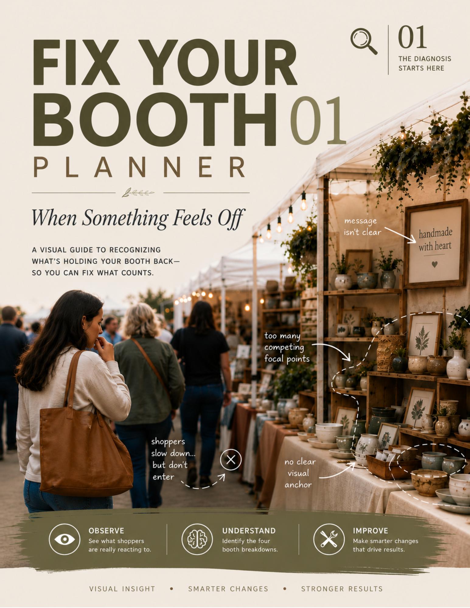 Fix Your Booth Planner digital guide designed to help craft show vendors identify booth layout problems and improve the shopping experience.