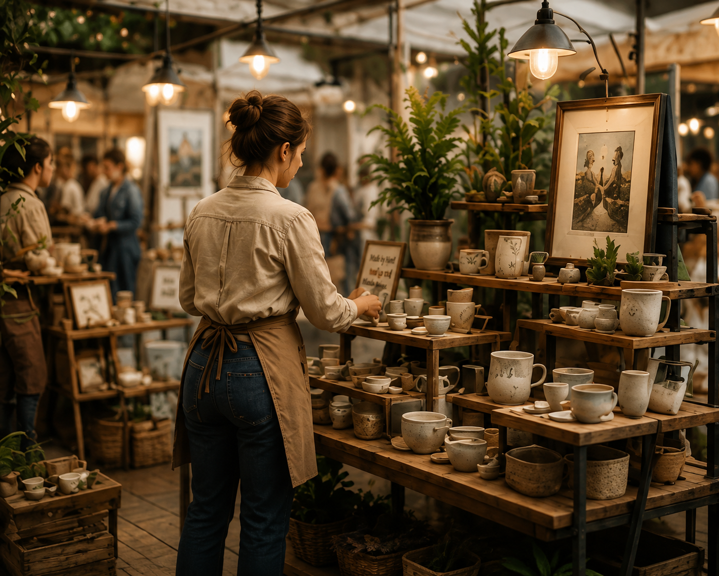 A woman shopping at a pottery stall in an outdoor market, surrounded by various handcrafted ceramic mugs, bowls, and vases.