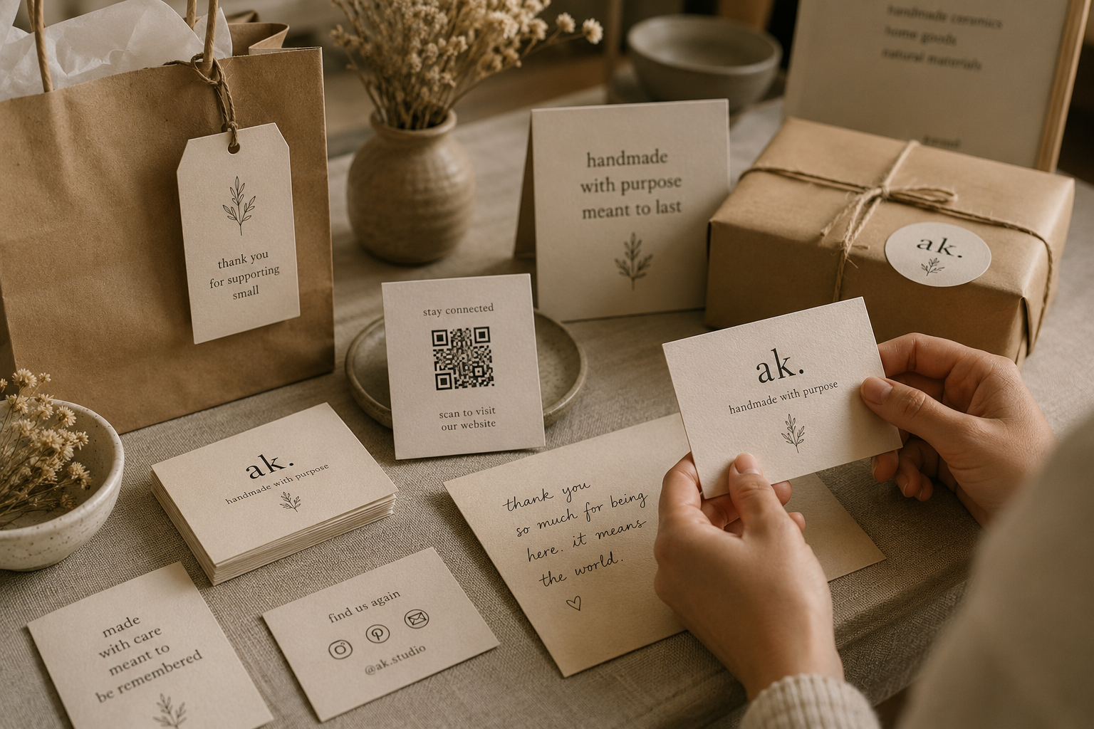 Thoughtfully designed business cards, QR insert, branded packaging, and thank-you materials arranged in a warm editorial tabletop scene that encourages customers to reconnect later.