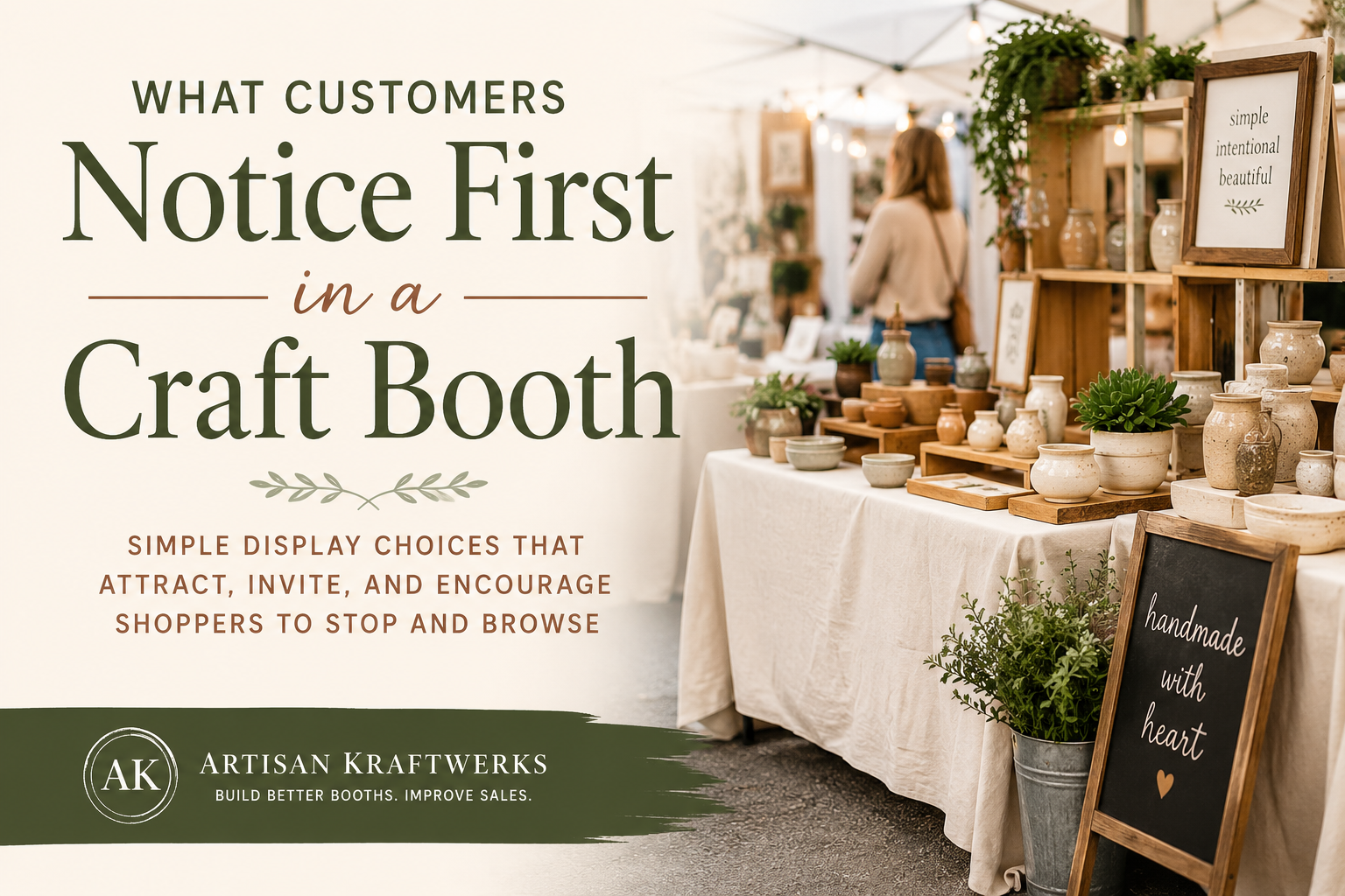Warm and inviting craft booth display with pottery, wooden shelving, and clear signage showing what customers notice first when approaching a craft show booth.
